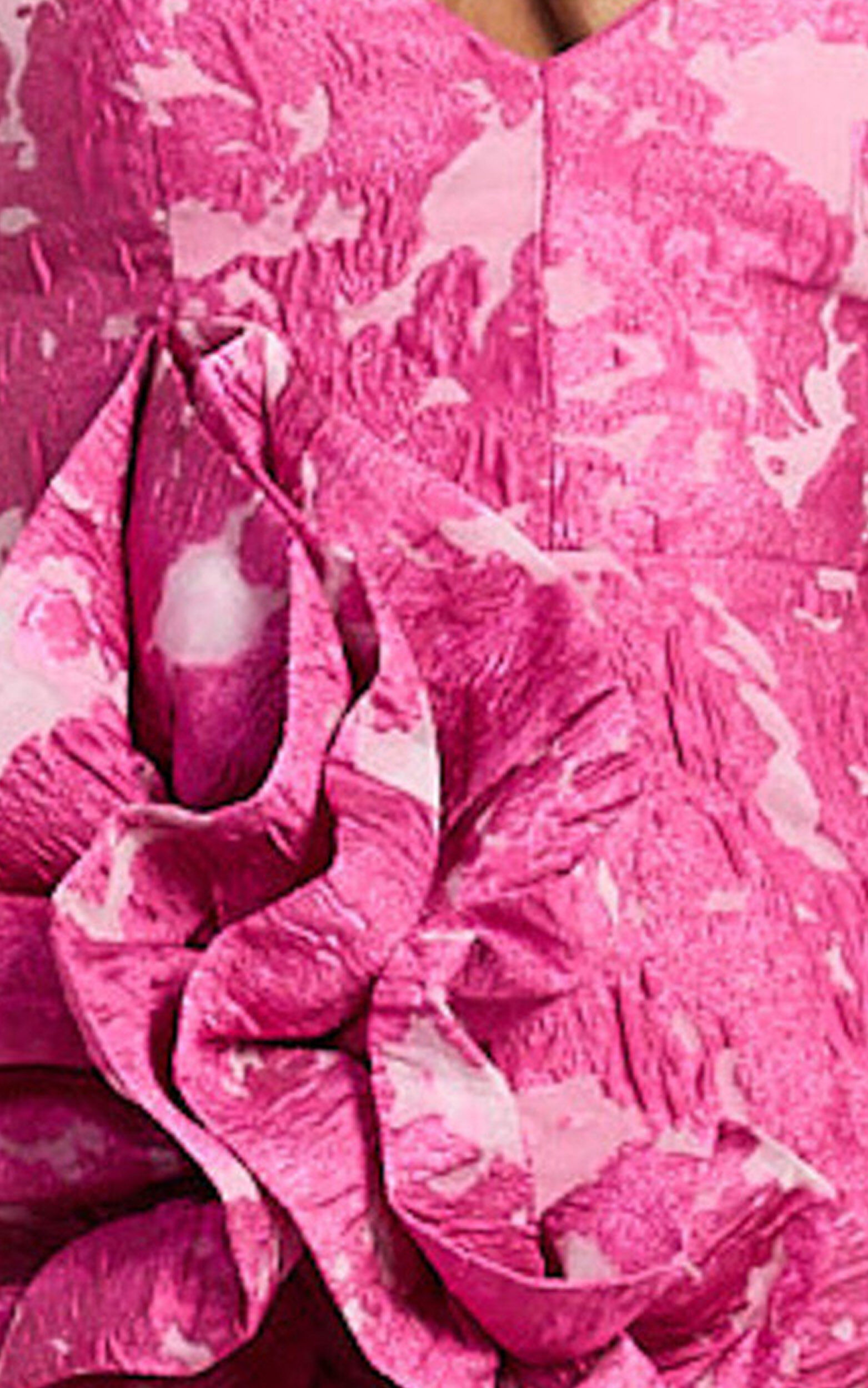 Arlette Mini Dress - Plunge Ruffle Detail Jacquard Dress in Pink