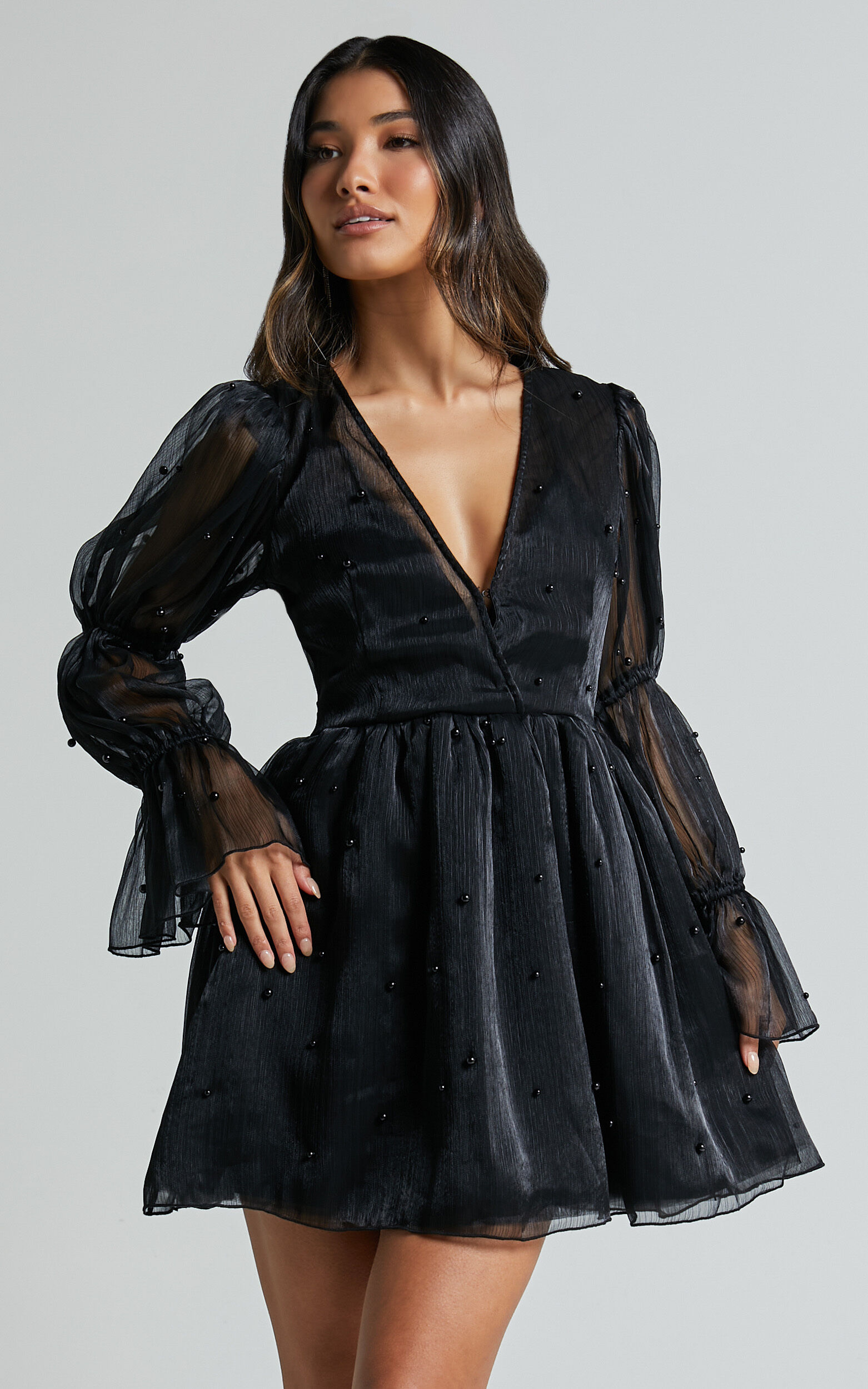 Lanna Mini Dress - Long Puff Sleeve V Neck Dress in Black
