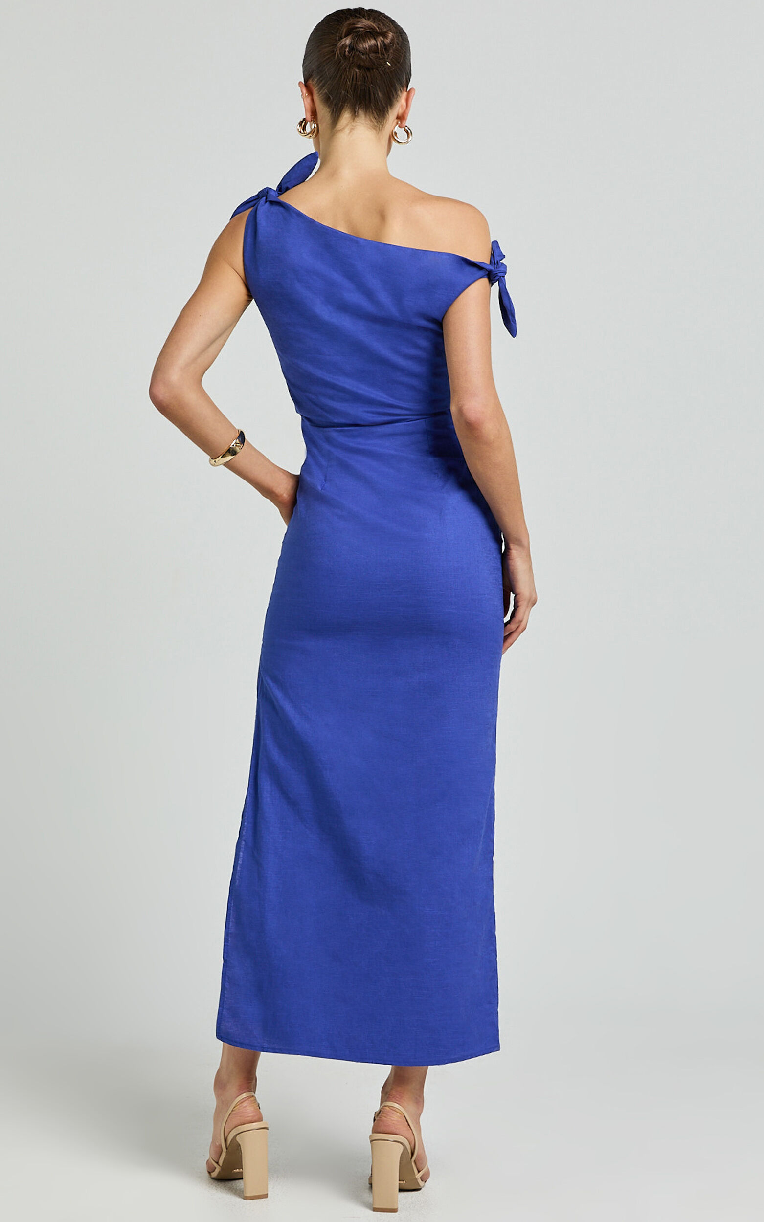 Cincinnati Midi Dress - Off The Shoulder Side Split Column Linen Dress in Cobalt