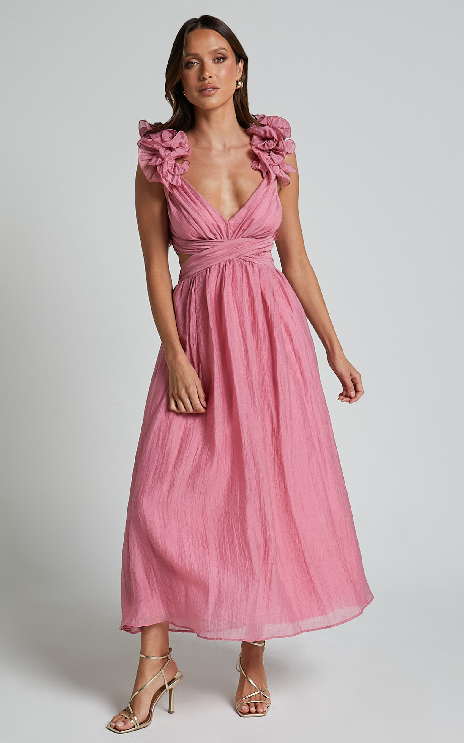 Marielly Midi Dress - Side Cut Out V Neck Ruffle Detail Sleeve Dress in Pink