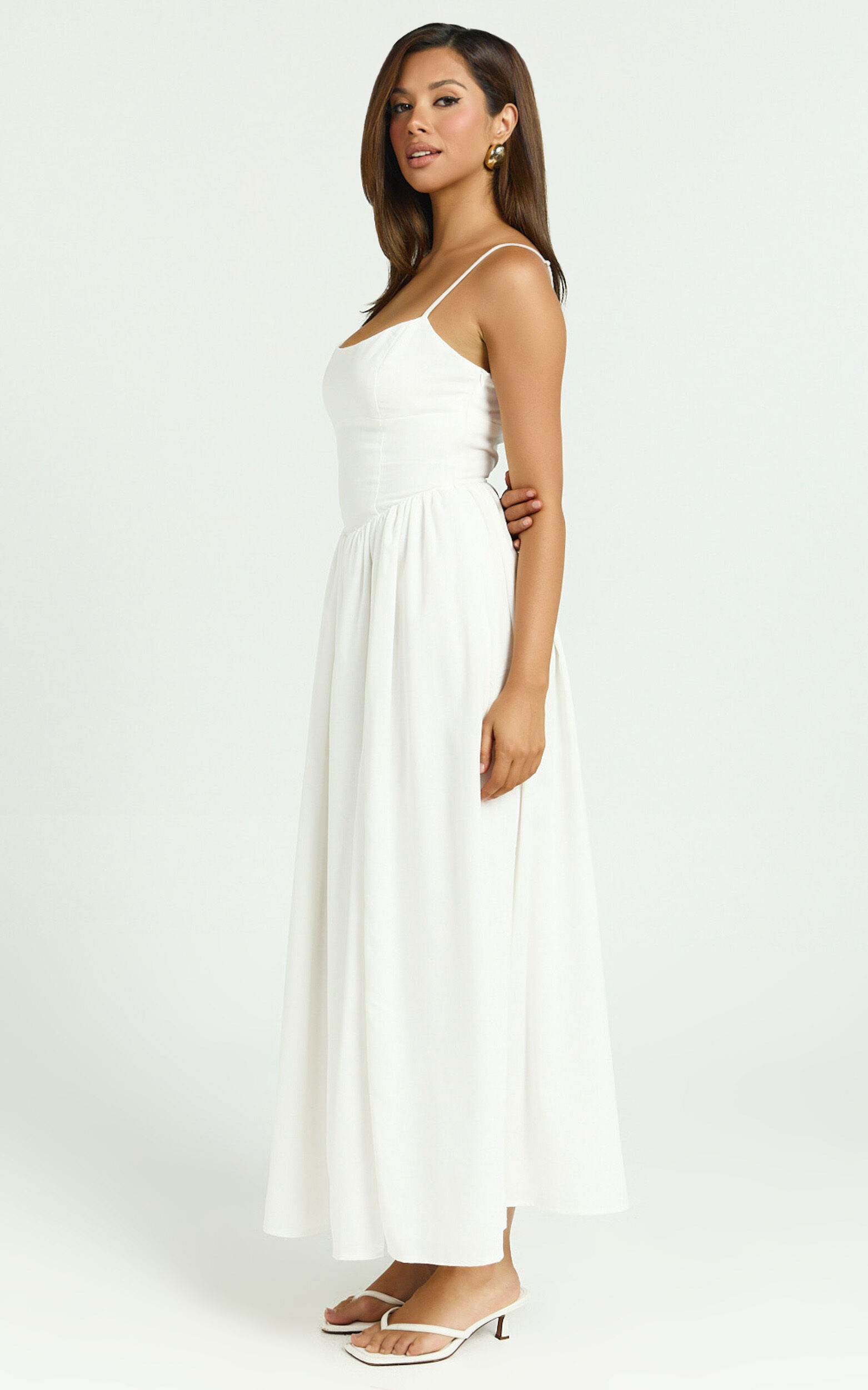 Morris Midi Dress - Linen Scoop Neck Gathered Dress in Off White