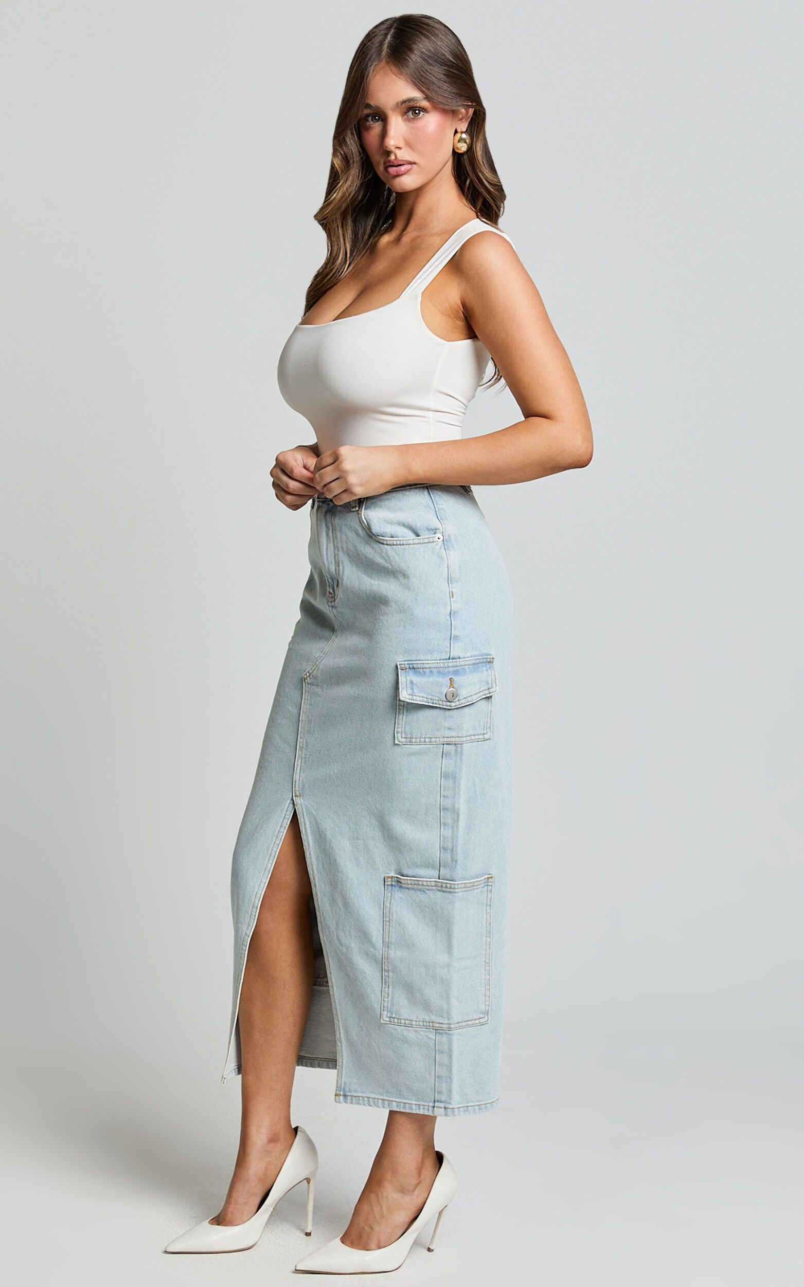 Sylvia Midi Skirt - Utility Pockets Denim Skirt in Light Blue Wash