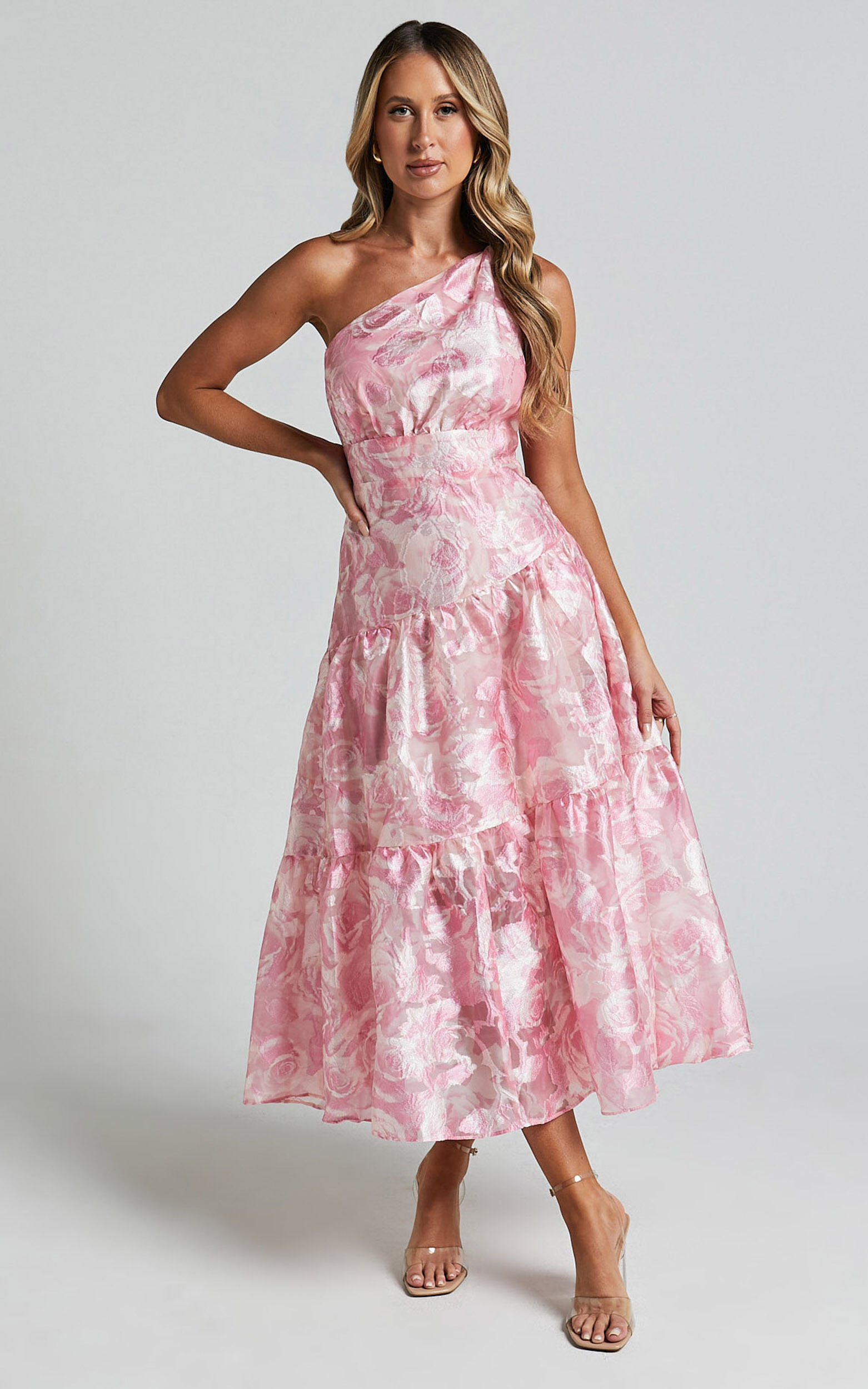 Lettie Midi Dress - One Shoulder Tiered Dress in Blurred Rose