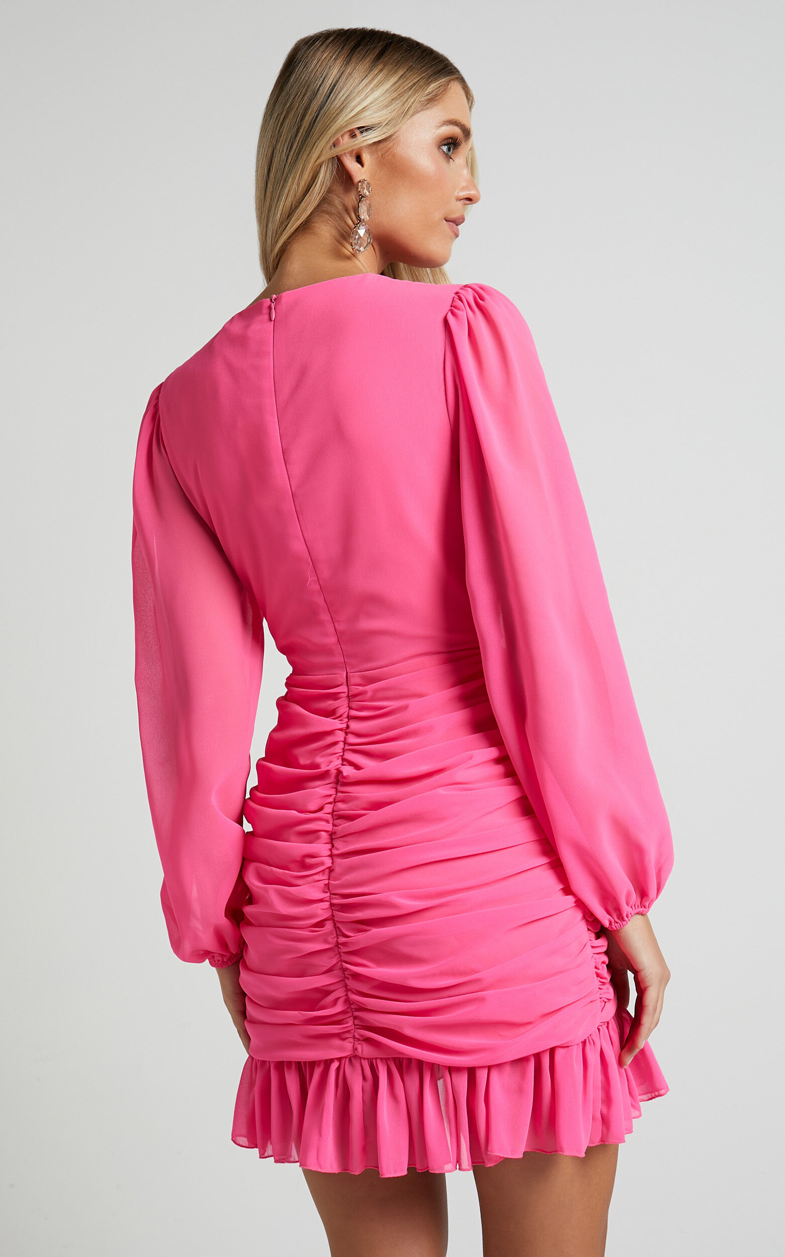 Can I Be Your Honey Mini Dress - Plunge Balloon Sleeve Dress in Hot Pink