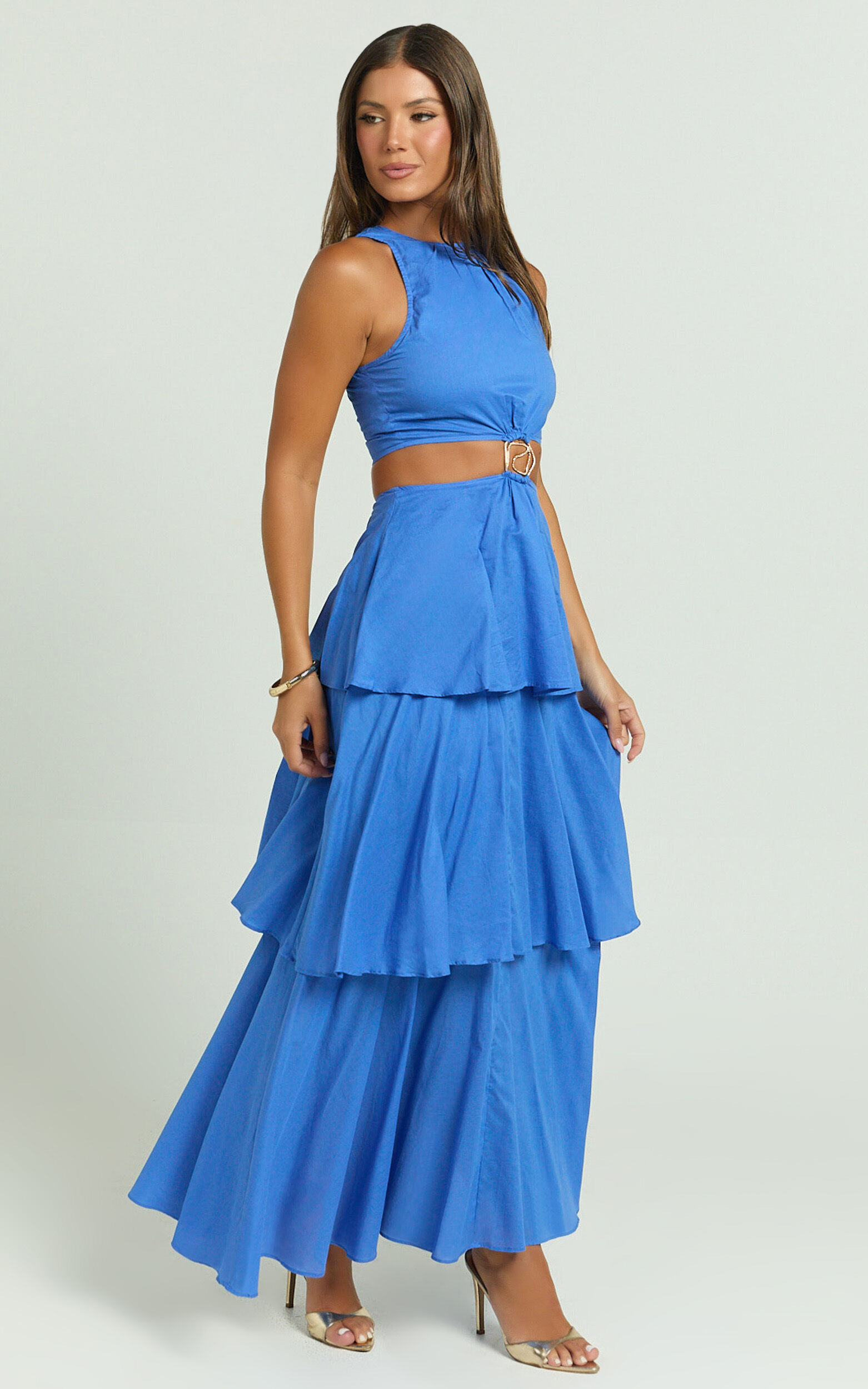 Elly Maxi Dress - Tiered Ruffle Cut Out Dress in Blue