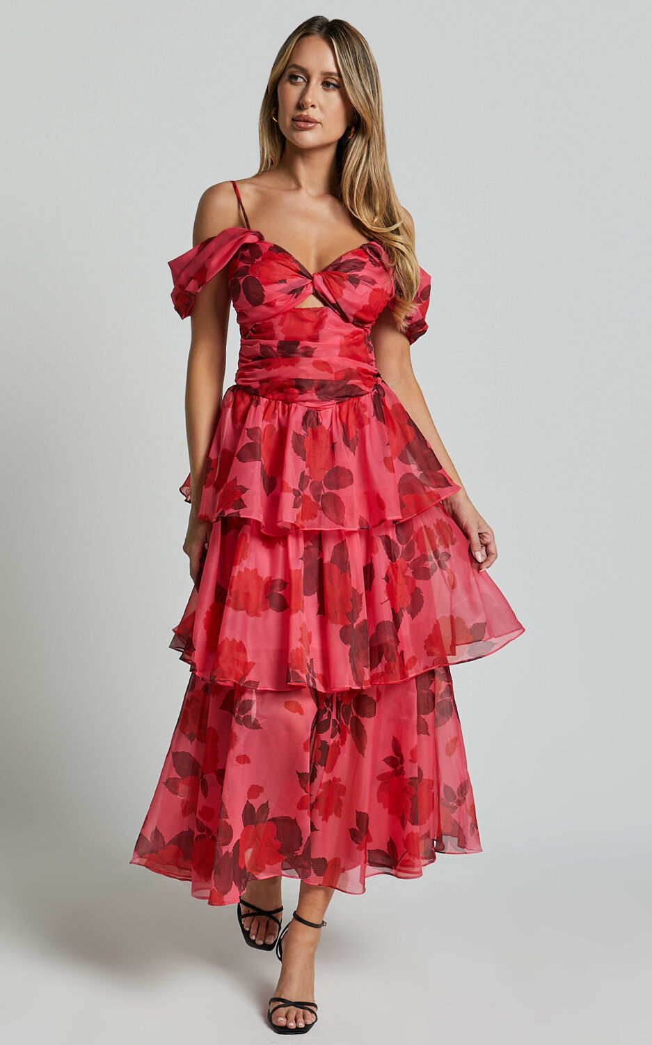 Xena Midi Dress - Off The Shoulder Cut Out Front Layered Dress in Pink Print