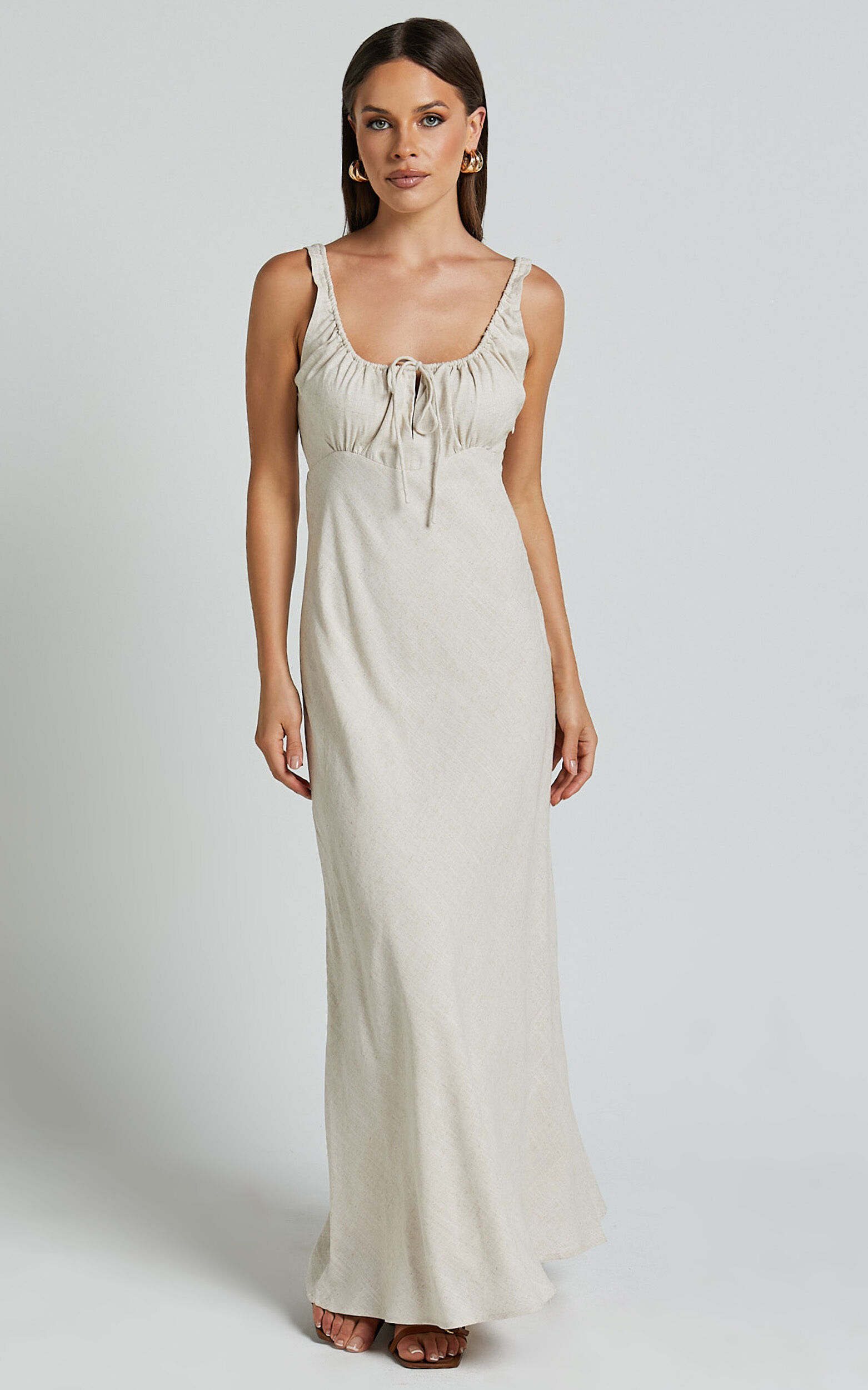 Lucas Midi Dress - Ruched Bust Linen Dress in Natural