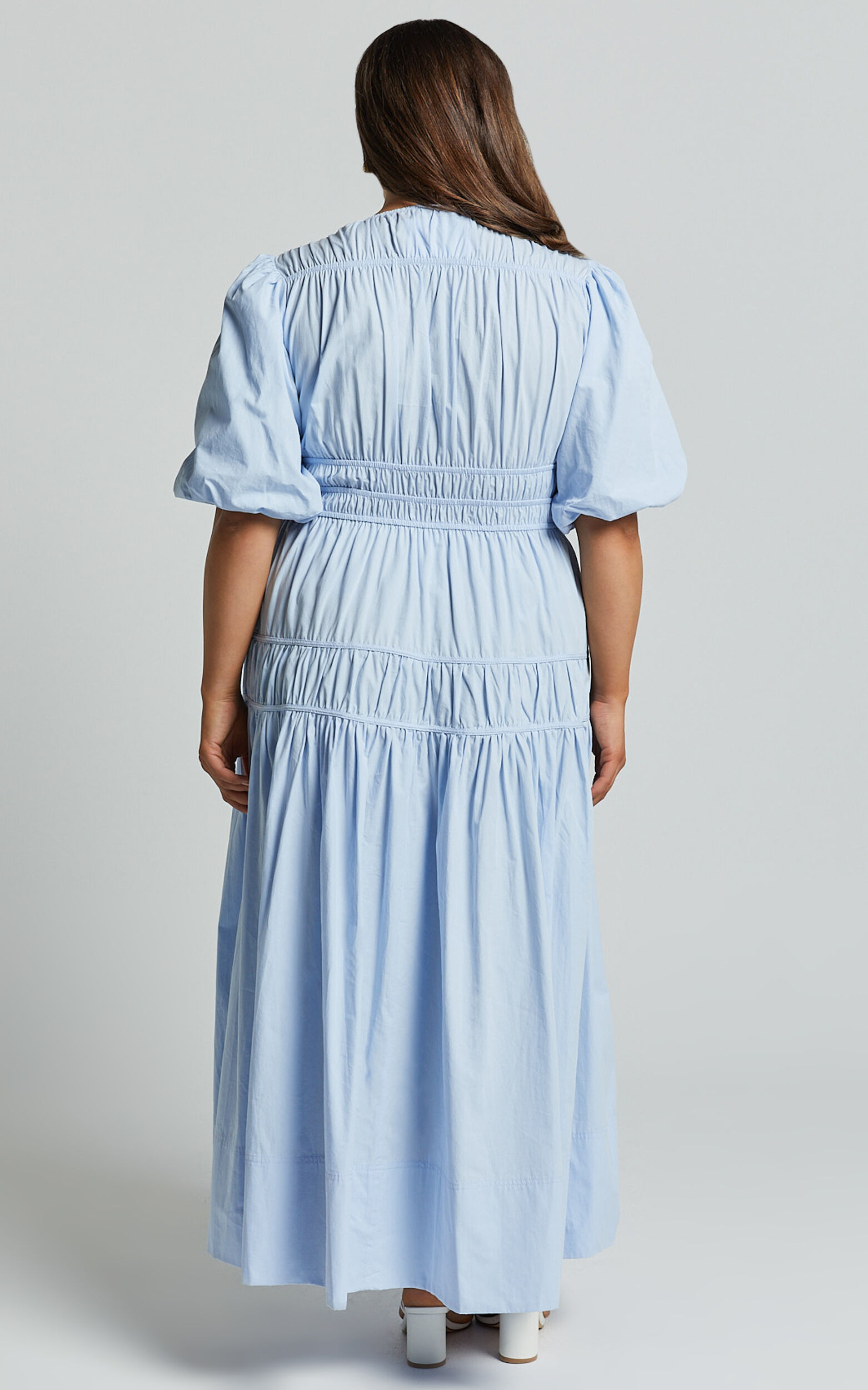 Mellie Midi Dress - Puff Sleeve Plunge Tiered Dress in Soft Blue