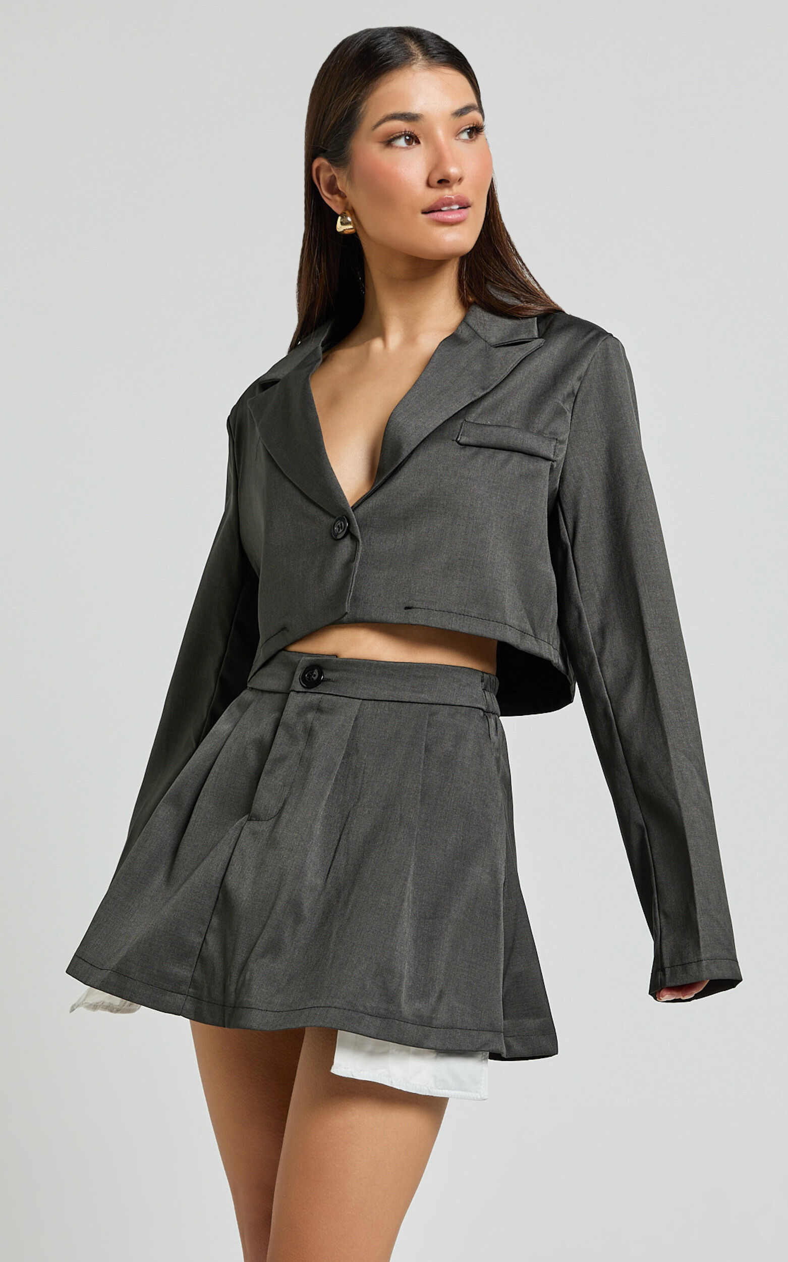 Zora Two Piece Set - Cropped Blazer and Pleated Mini Skirt Set in Charcoal