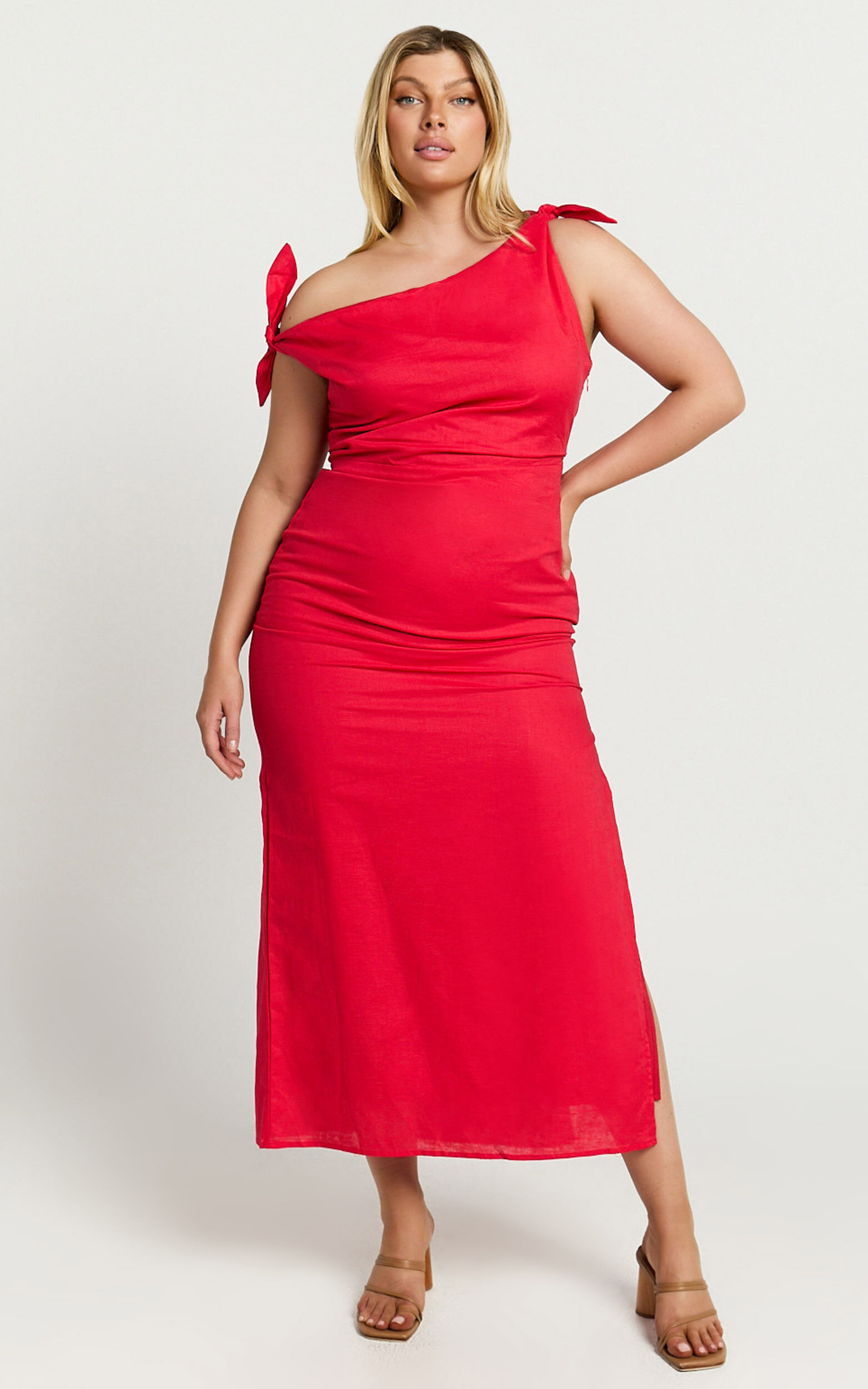 Cincinnati Midi Dress - Off The Shoulder Side Split Column Linen Dress in Red