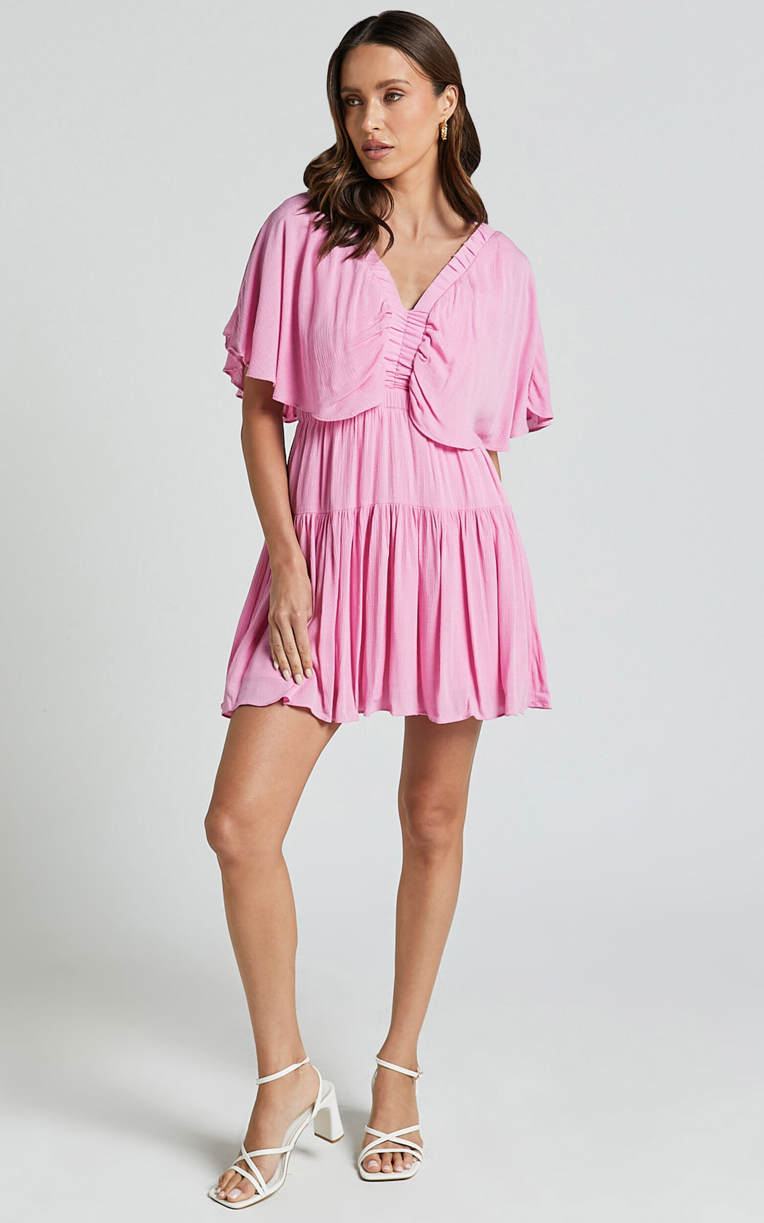 Heidi Mini Dress - Ruffle sleeve Tiered Dress in Pink