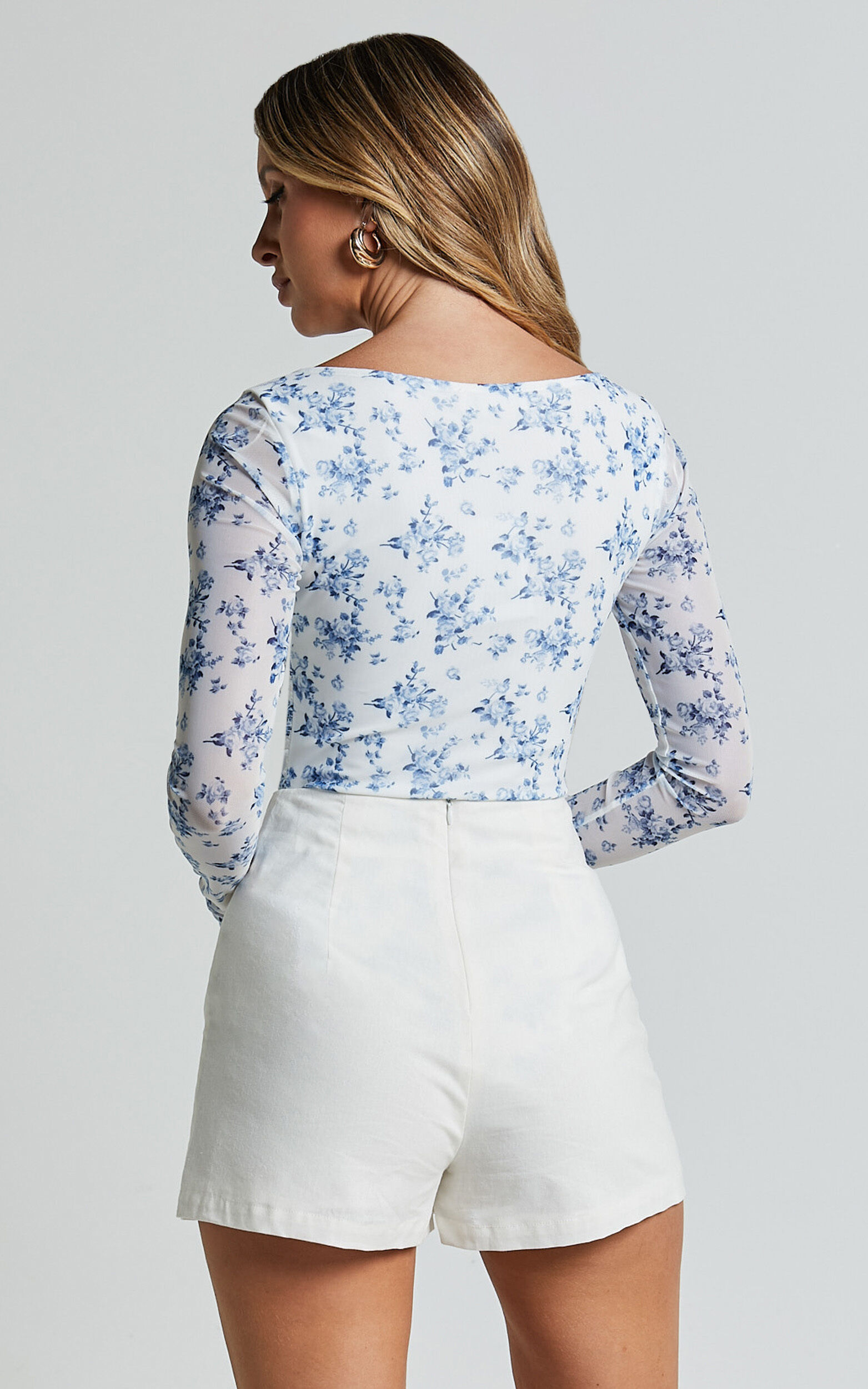 Emae Bodysuit - Long Sleeve Sweetheart Mesh Bodysuit in Blue Floral