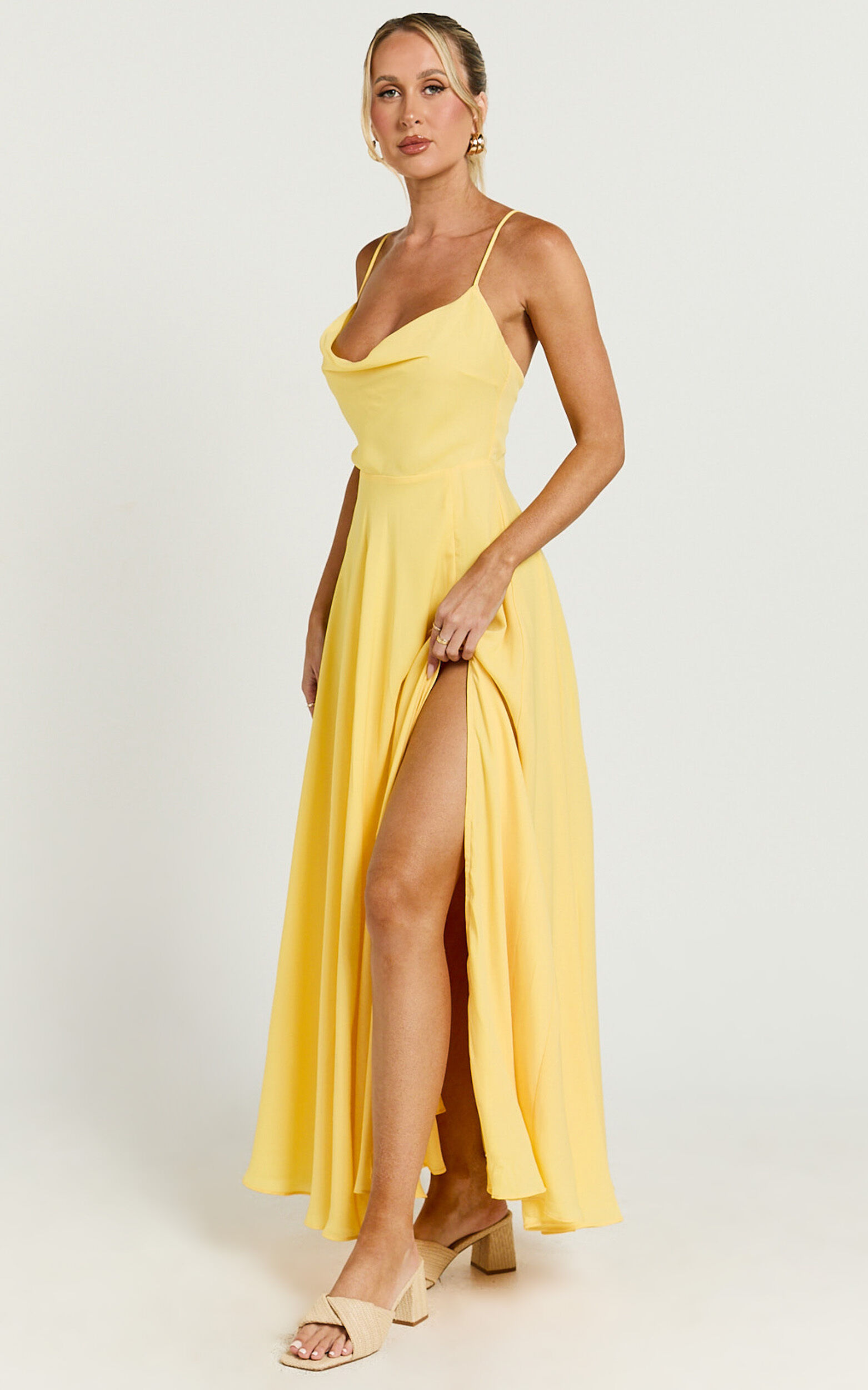 Celestine Midi Dress - Lace Up Back Cowl Neck Dress in Lemon