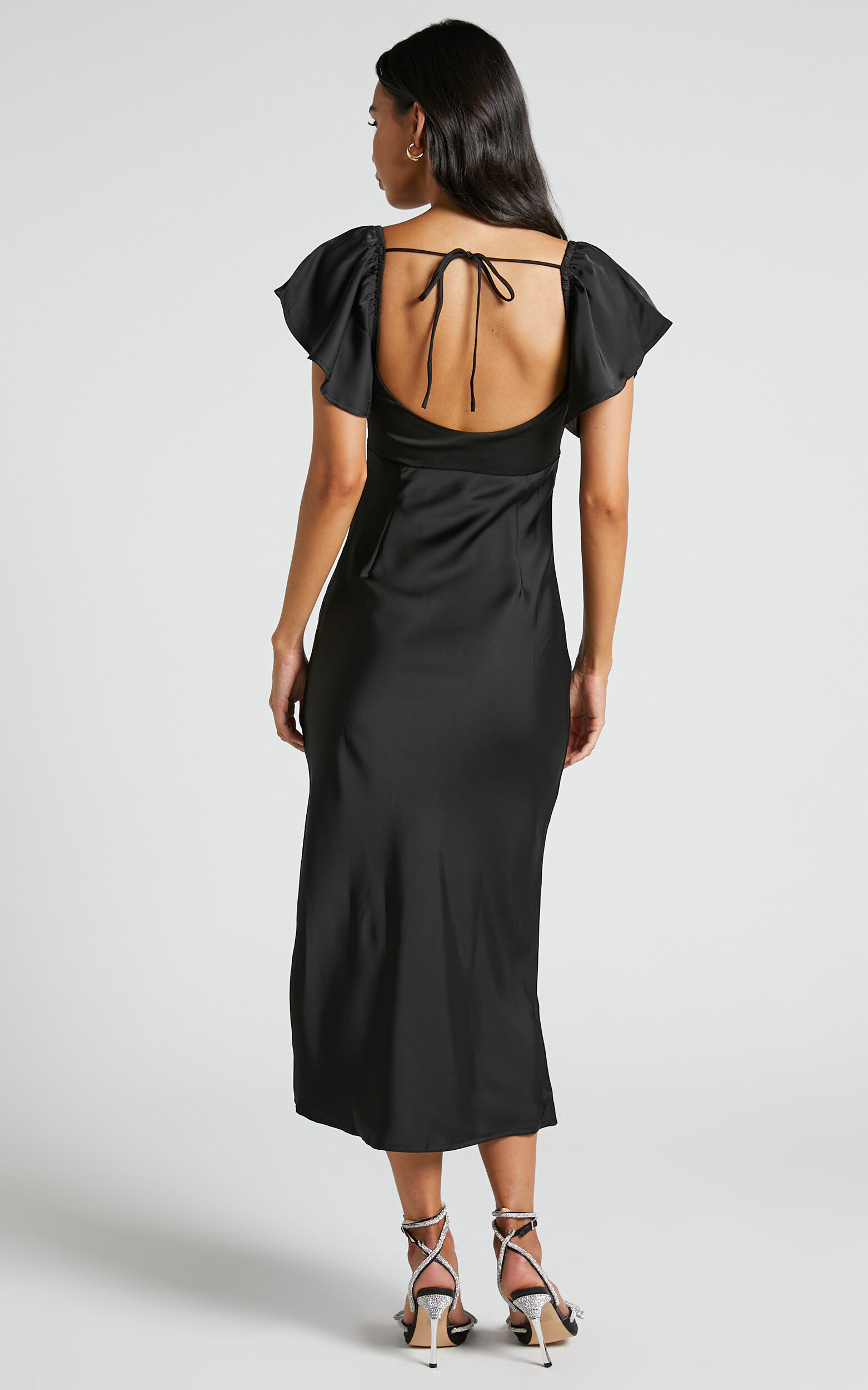 Emberlynn Midi Dress - Flutter Sleeve Cut Out Satin Dress in Black