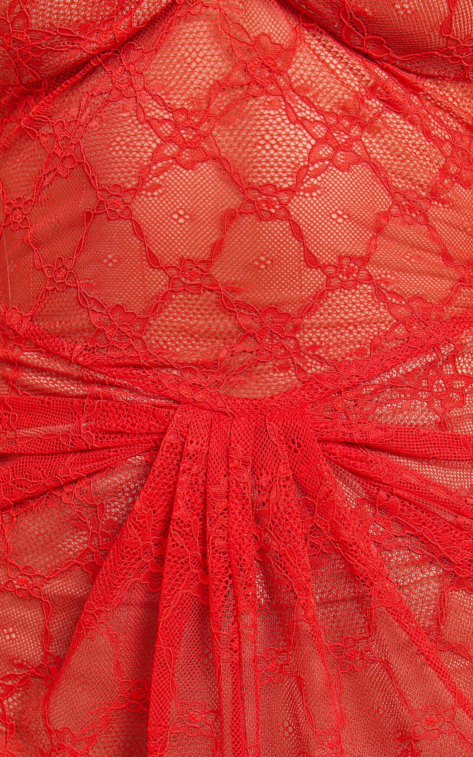 Yuna Midi Dress - Halter Twist Detail Drape Lace Dress in Red Orange