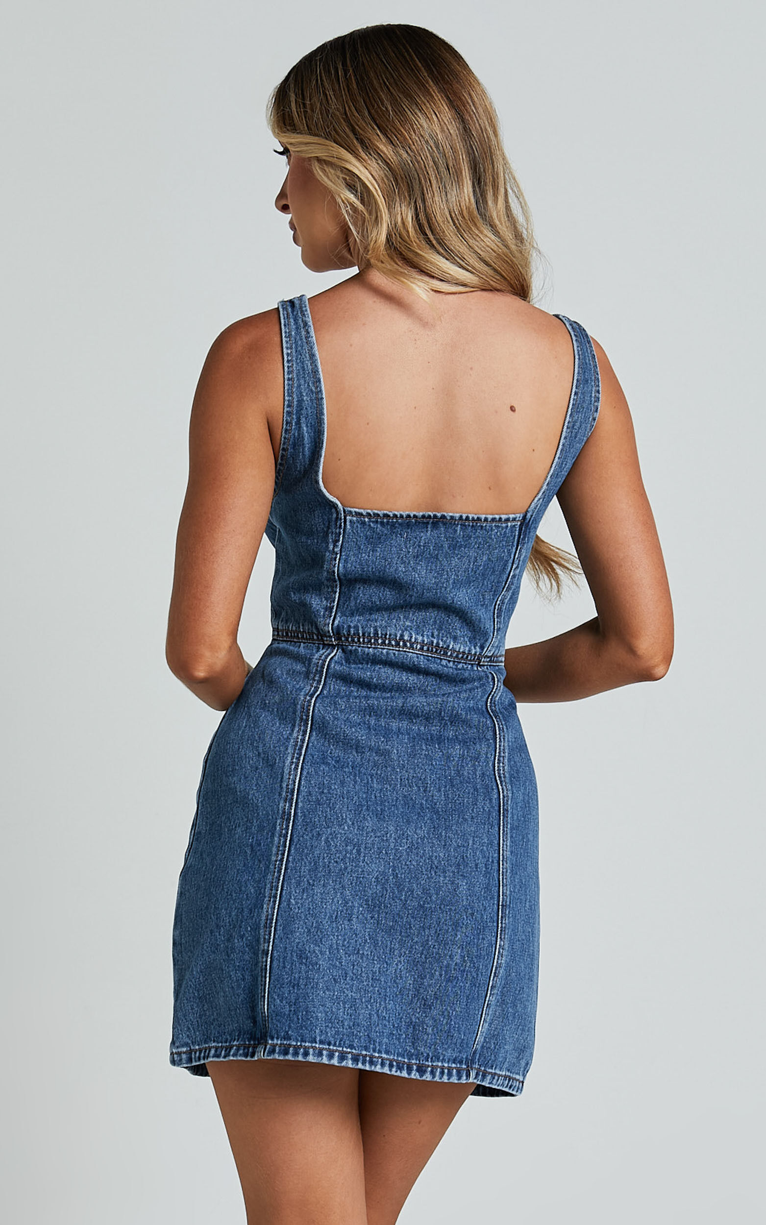 Chrysoula Mini Dress - Square Neck Zip Front Sleeveless Bodycon Denim in Mid Blue Wash