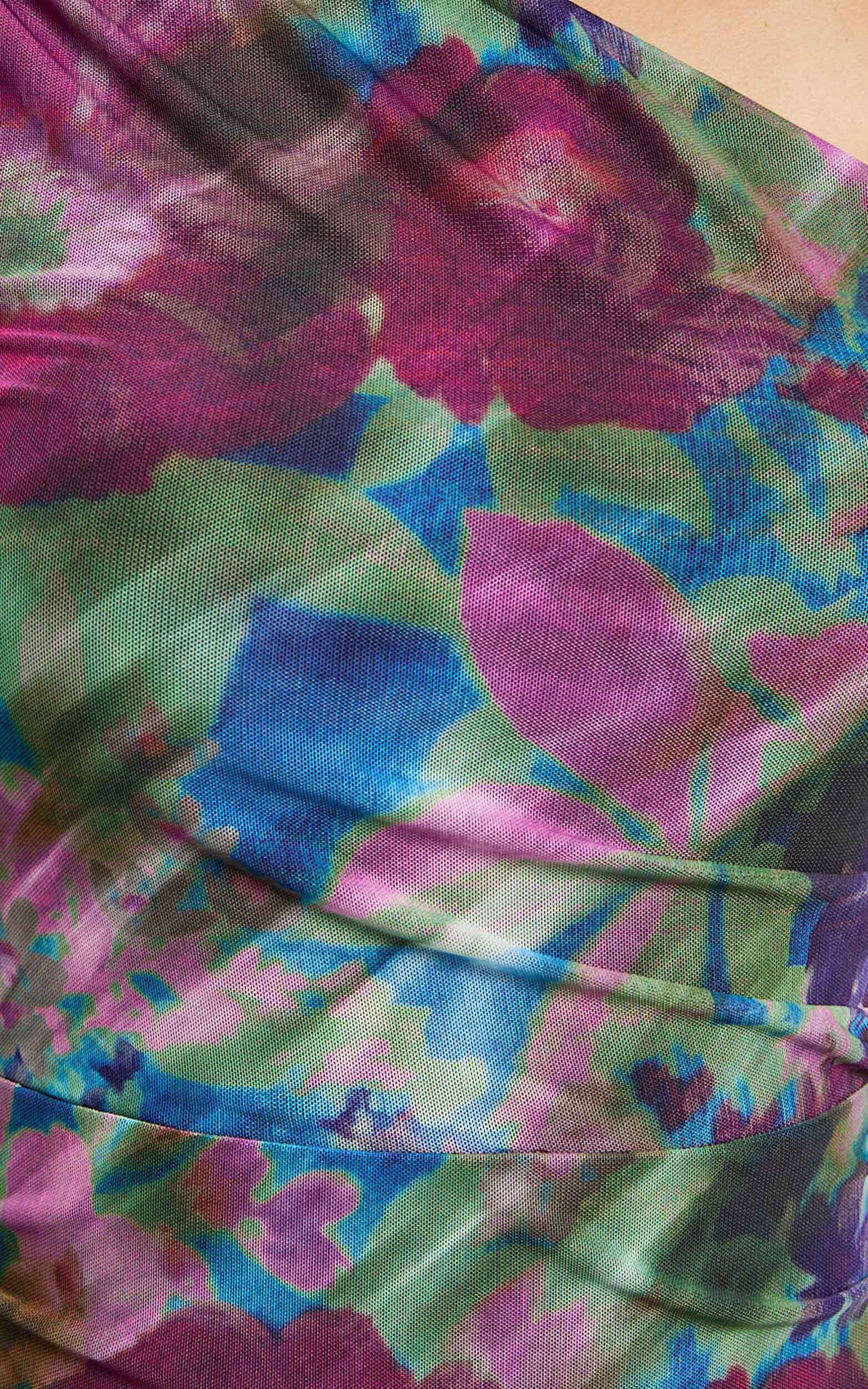 Pepper Midi Dress - One Shoulder Ruched Mesh Dress in Ethereal Iris Print