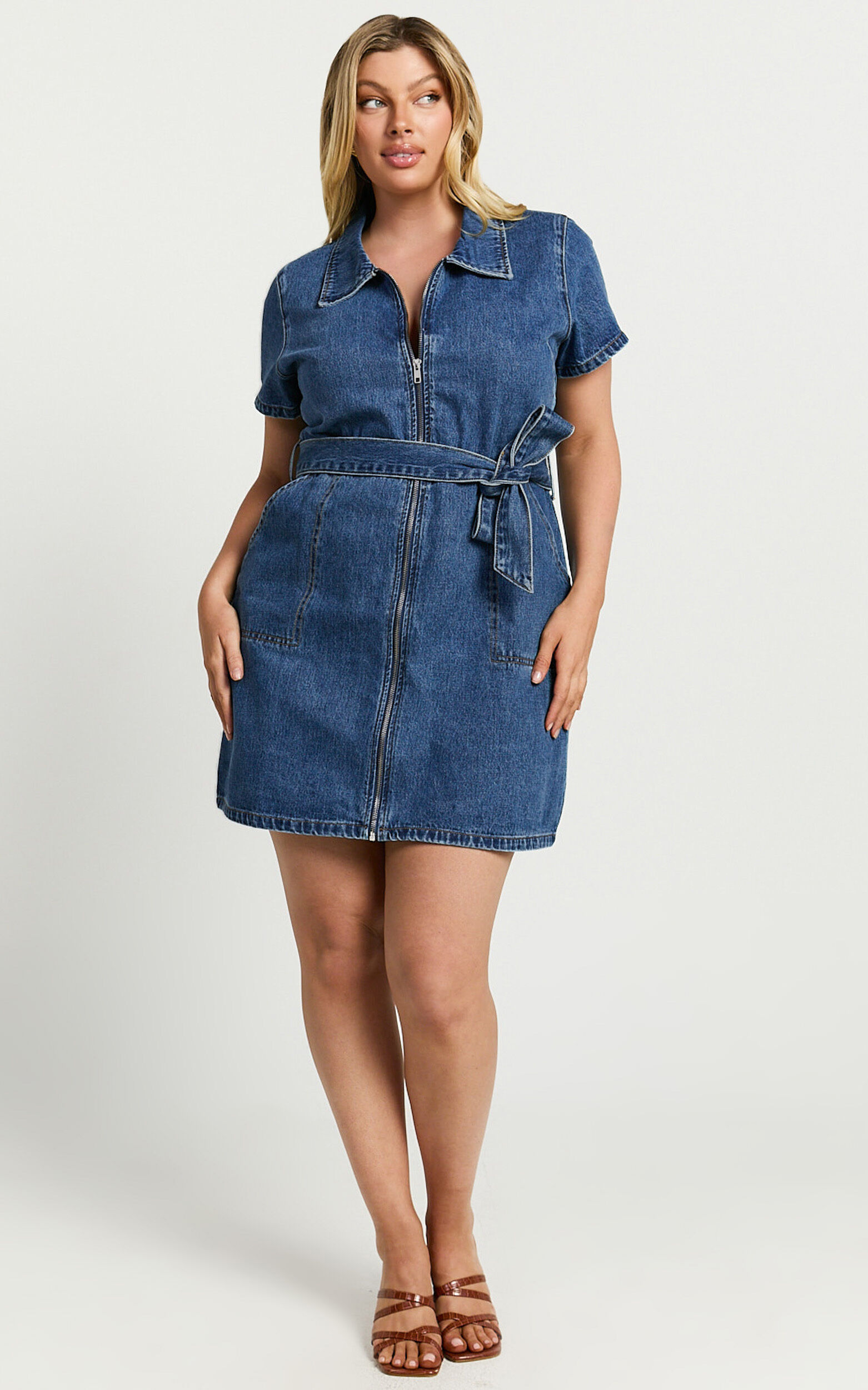 Nandini Mini Dress - Zip Through Denim Dress in Blue