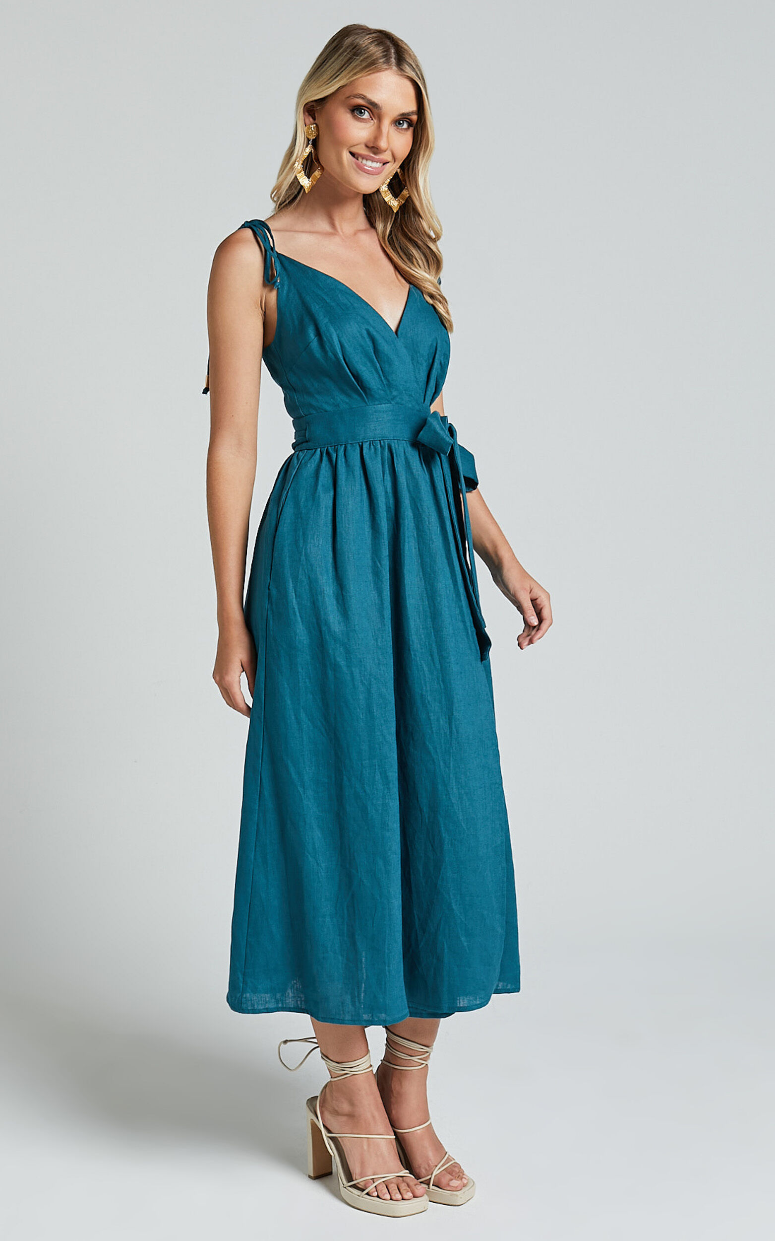 Amalie The Label - Siena Linen Tie Shoulder Wrap Midi Linen Dress in Moss