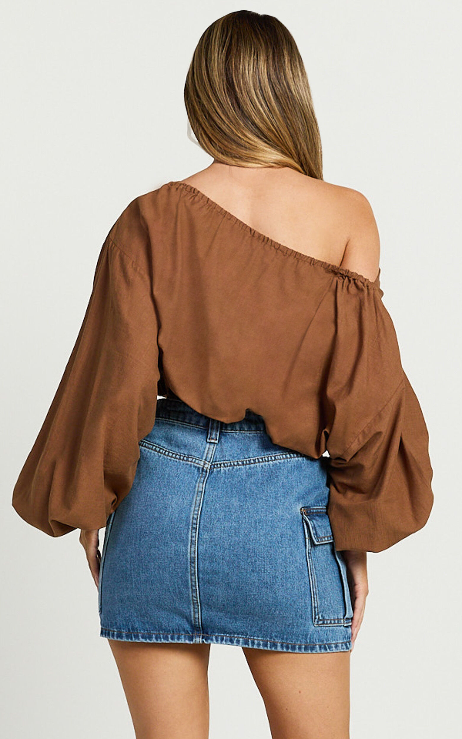 Alesia Top - Asymmetrical Boat Neck Elastic Hem Crop Top in Chocolate