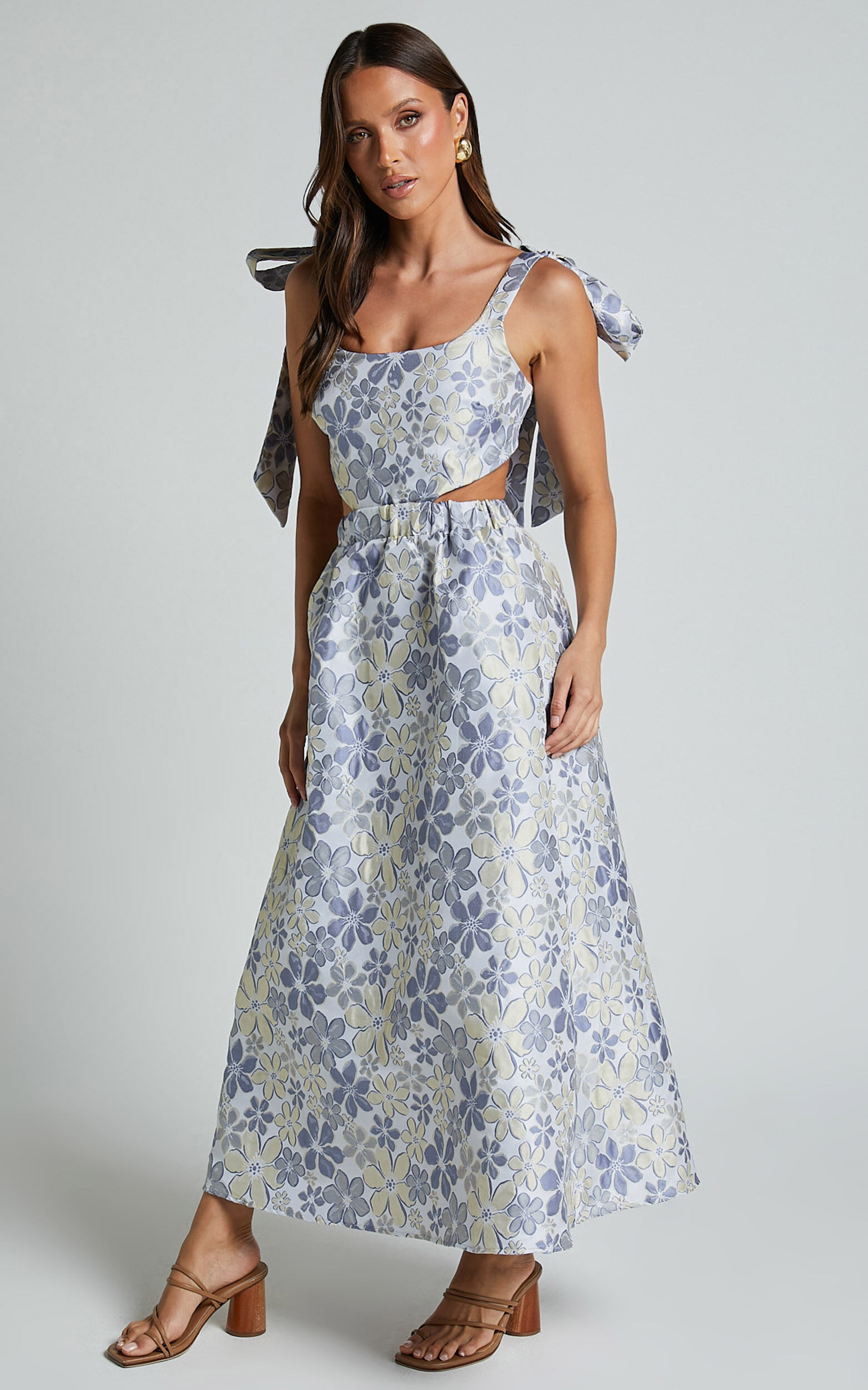 Briella Midi Dress - Adjustable Strap Side Cut Out A Line Dress in Blue