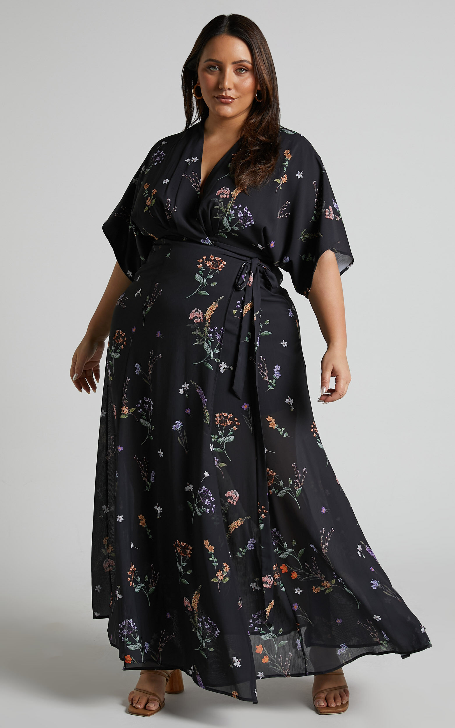 Erenza Maxi Dress - Extended Sleeve Wrap Dress in Black Flower Field
