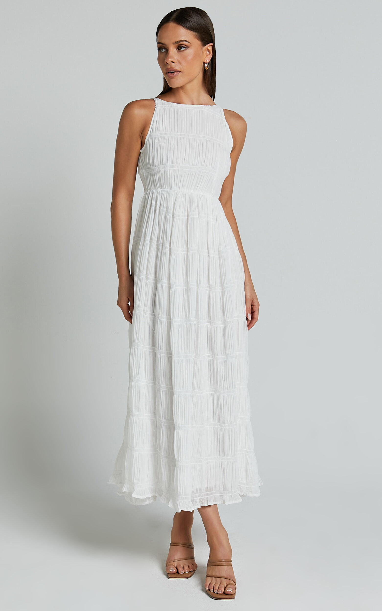 Cade Maxi Dress - High Neck Sleeveless A Line Dress in White