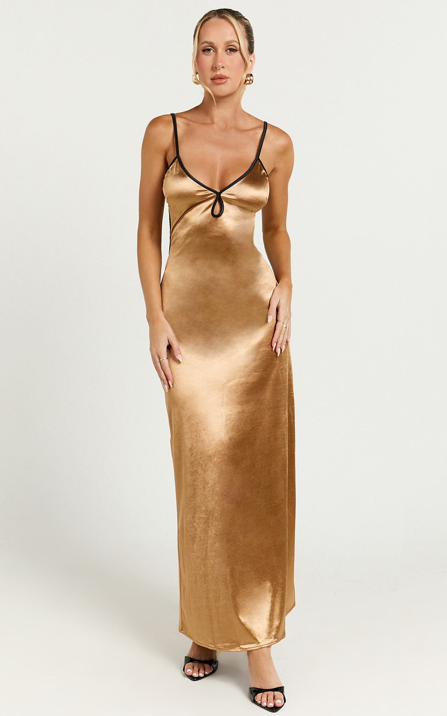 Melai Midi Dress - Contrast Satin Slip Midi Dress in Gold & Black