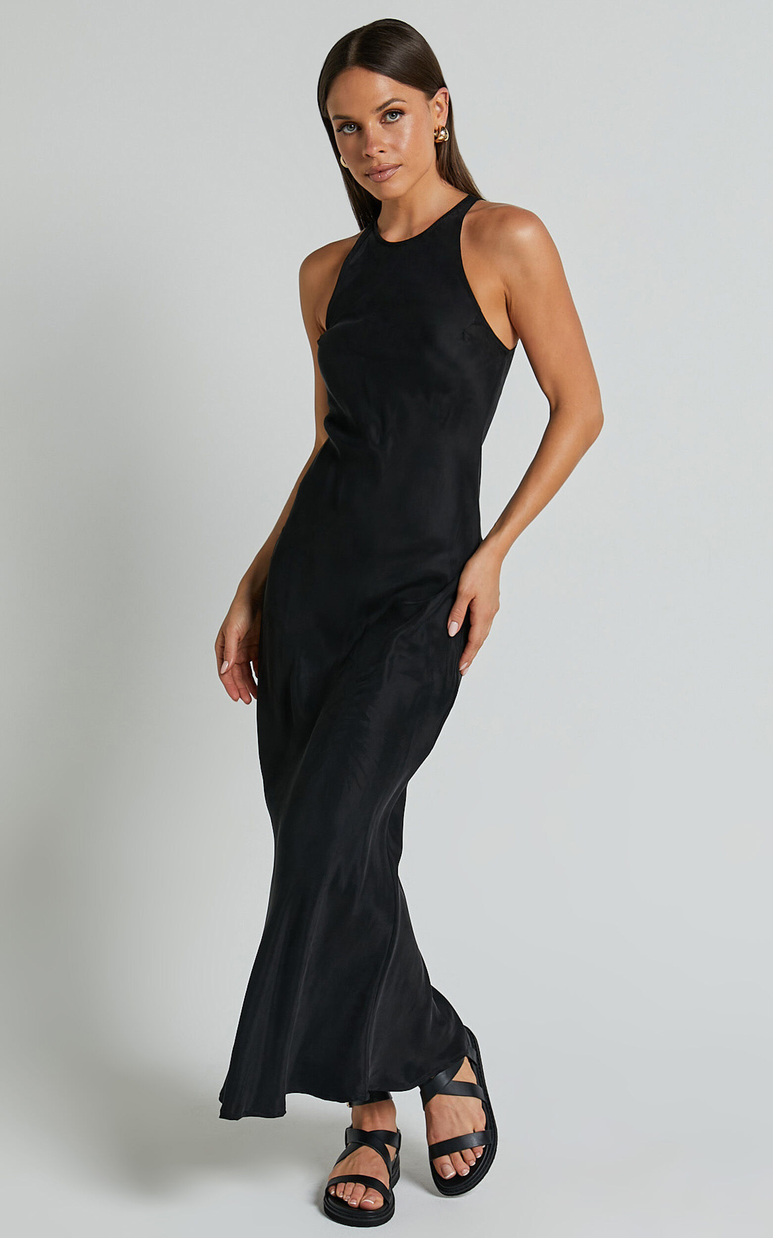 Irvine Midi Dress - Racer Neck Slip Dress in Black