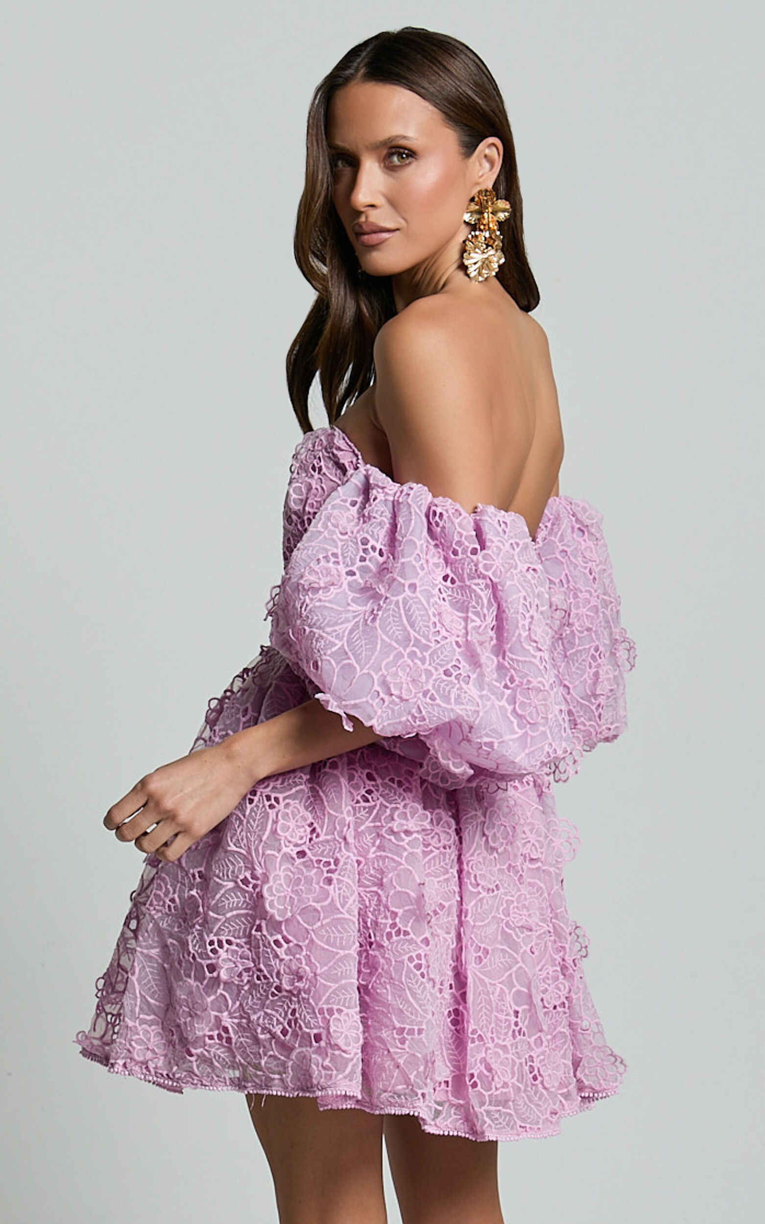 Amalie The Label - Lorena Sweetheart Off Shoulder Puff Sleeve Mini Dress in Purple