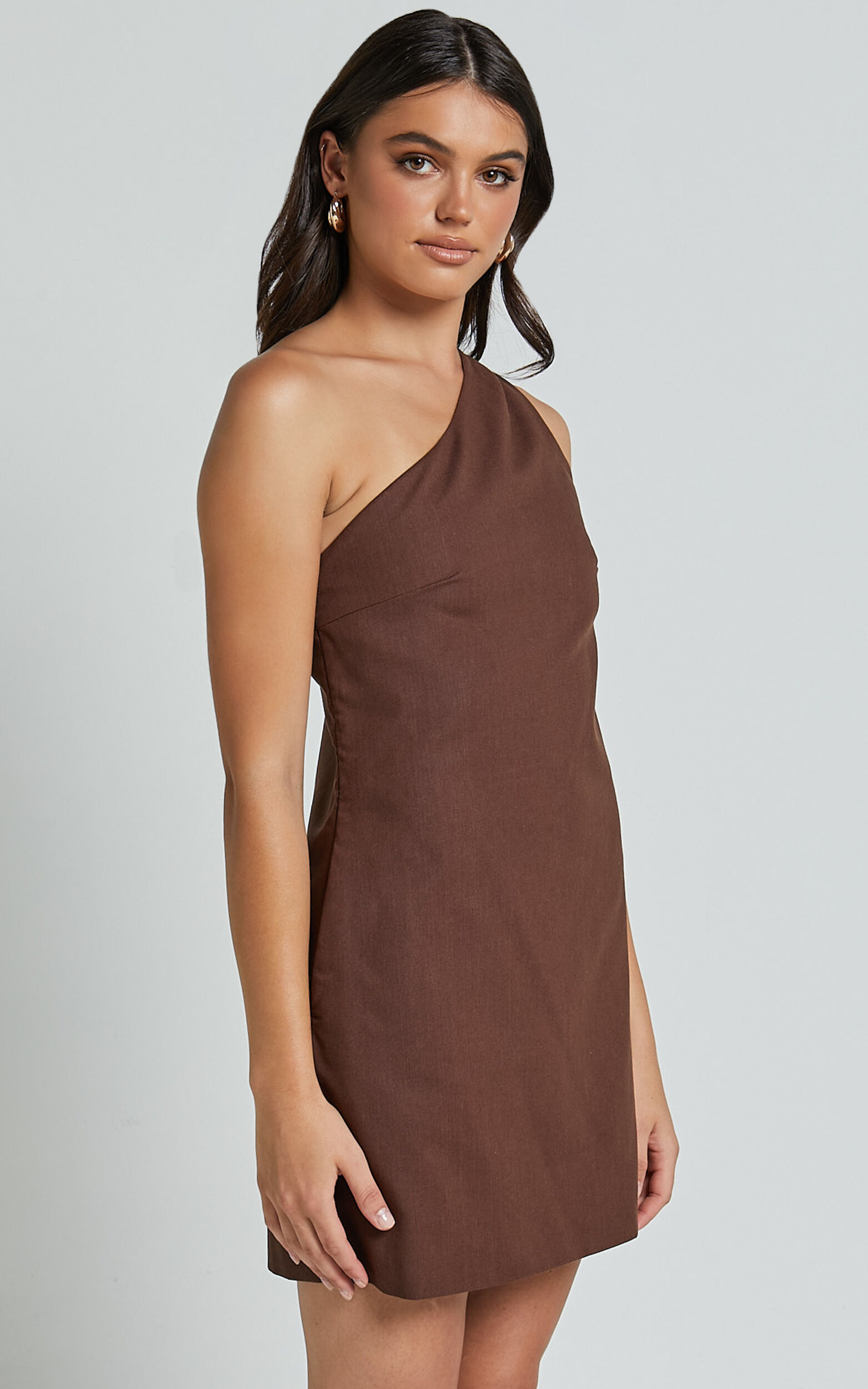 Mardelle Mini Dress - Linen One Shoulder Shift Dress in Chocolate