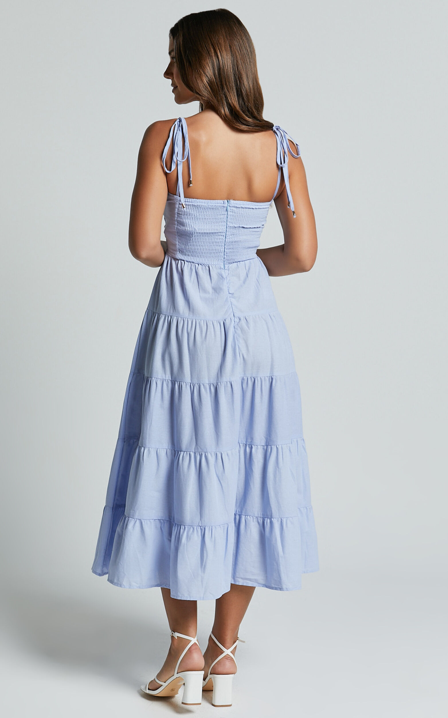 Leticia Midi Dress - Twist Front Tie Strap Tiered Dress in Pale Blue