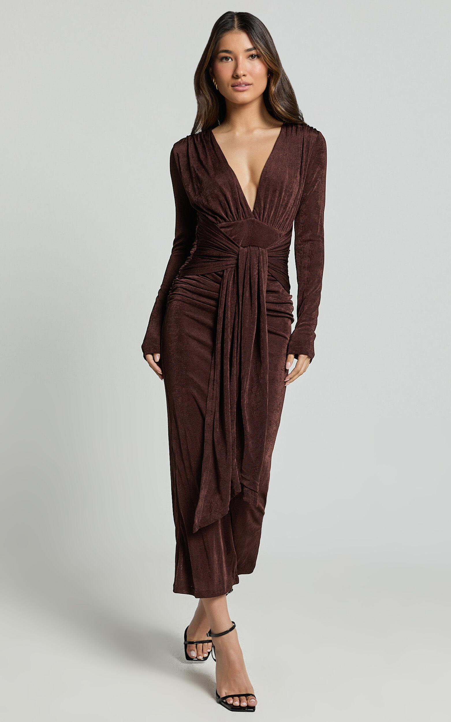 Melanie Midi Dress - Plunge Long Sleeve Tie Front Dress in Chocolate