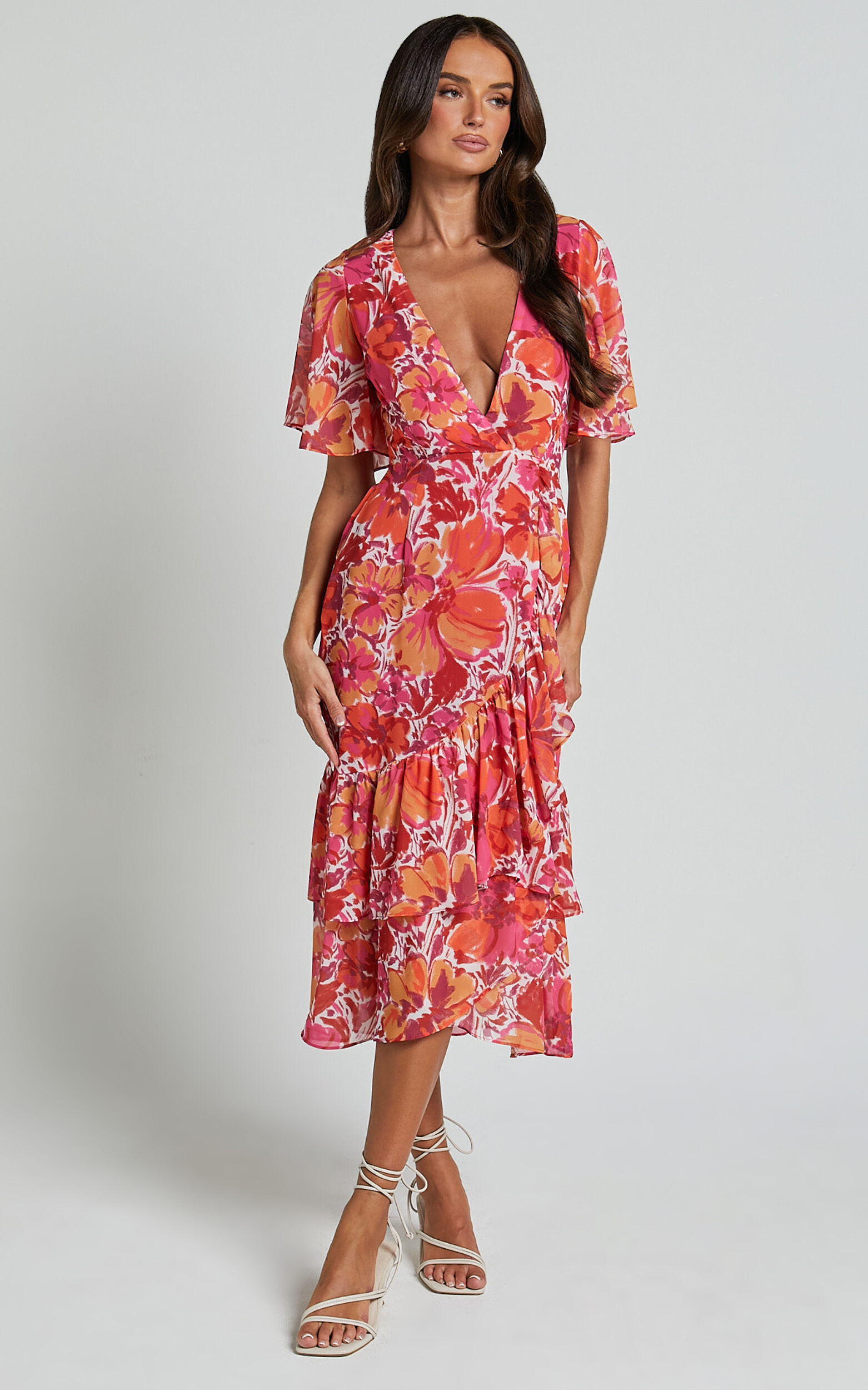 Ramela Midi Dress - V Neck Short Flutter Sleeve Frill Detail Wrap Dress in Paradise Floral
