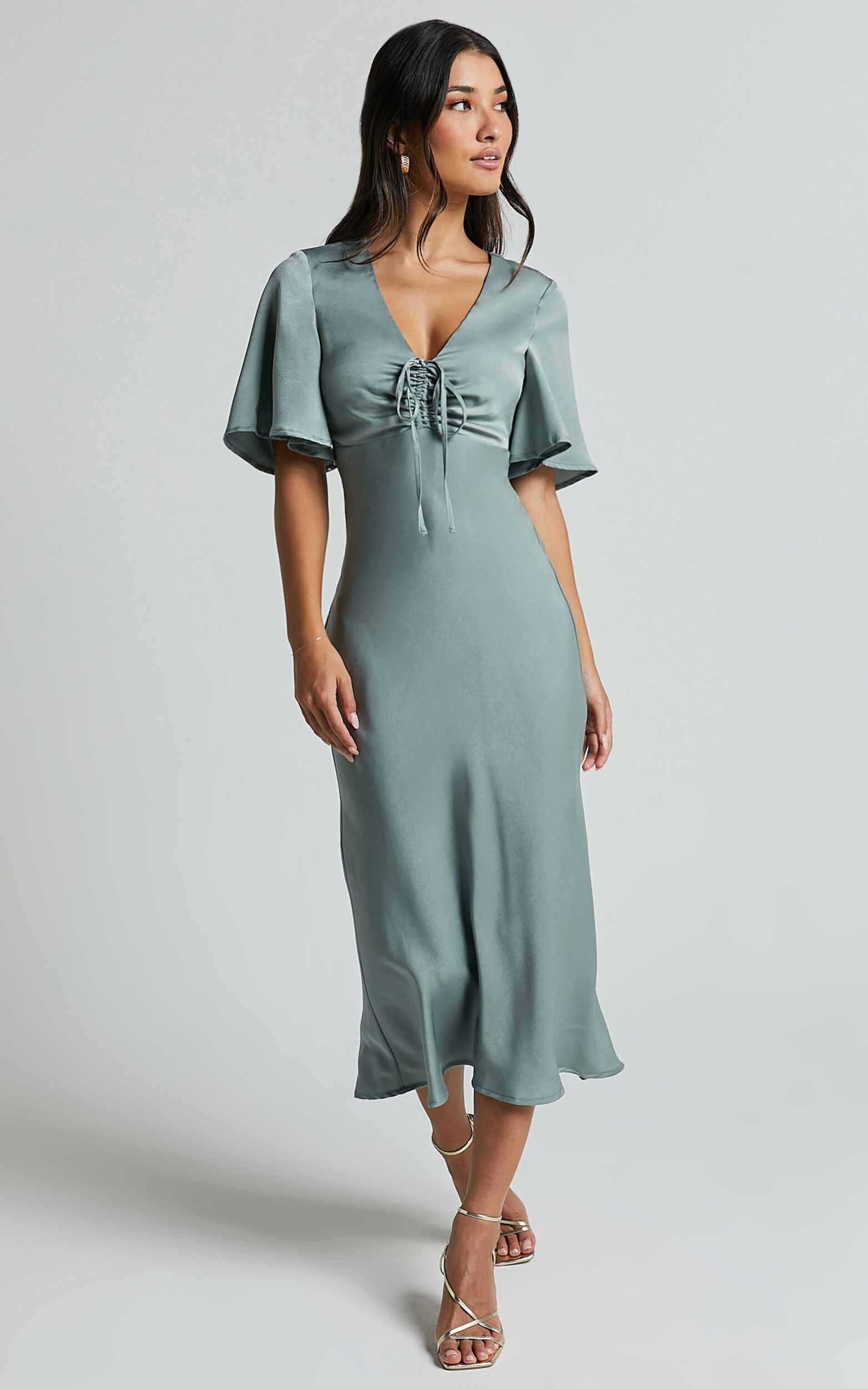 Nicholla Midi Dress - Ruched Front Angel Sleeve Slip Dress in Sage