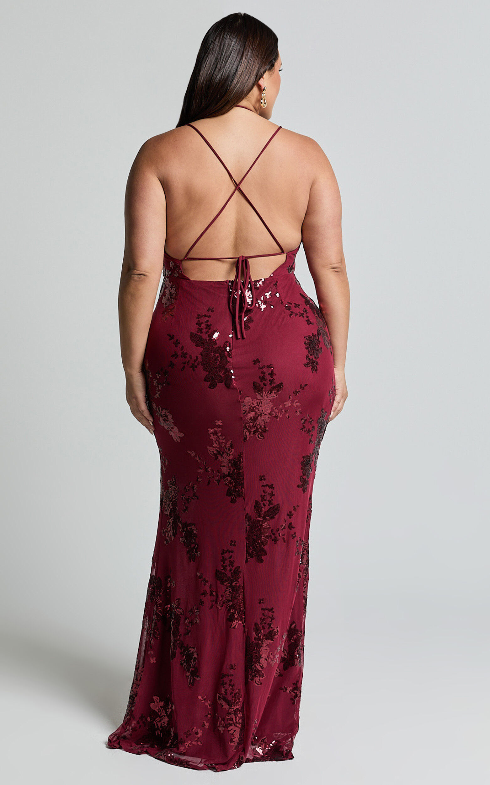 Out Till Dawn Maxi Dress - Thigh Split Dress in Wine Sequin