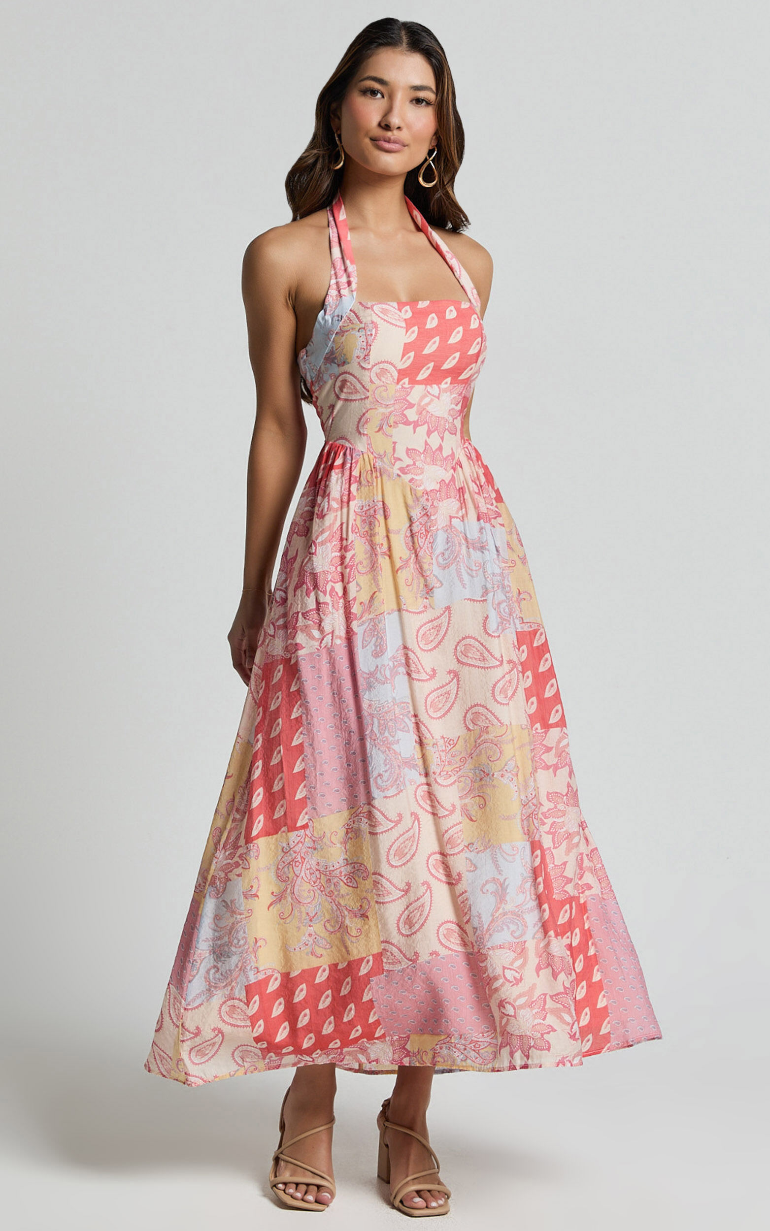 Anziel Midi Dress - Halter Tie Back Tiered Dress in Pink Patchwork Print