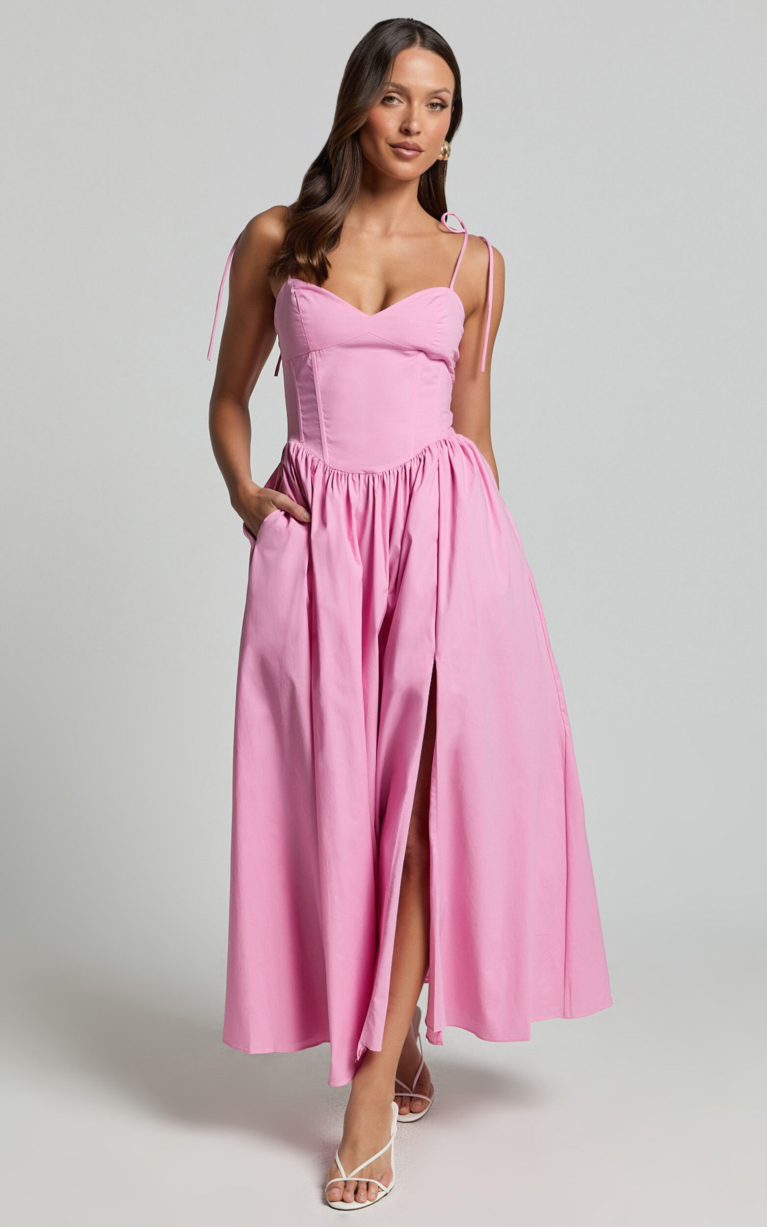 Holly Midi Dress - Corset Lace Up Dress with Split in Musk Pink