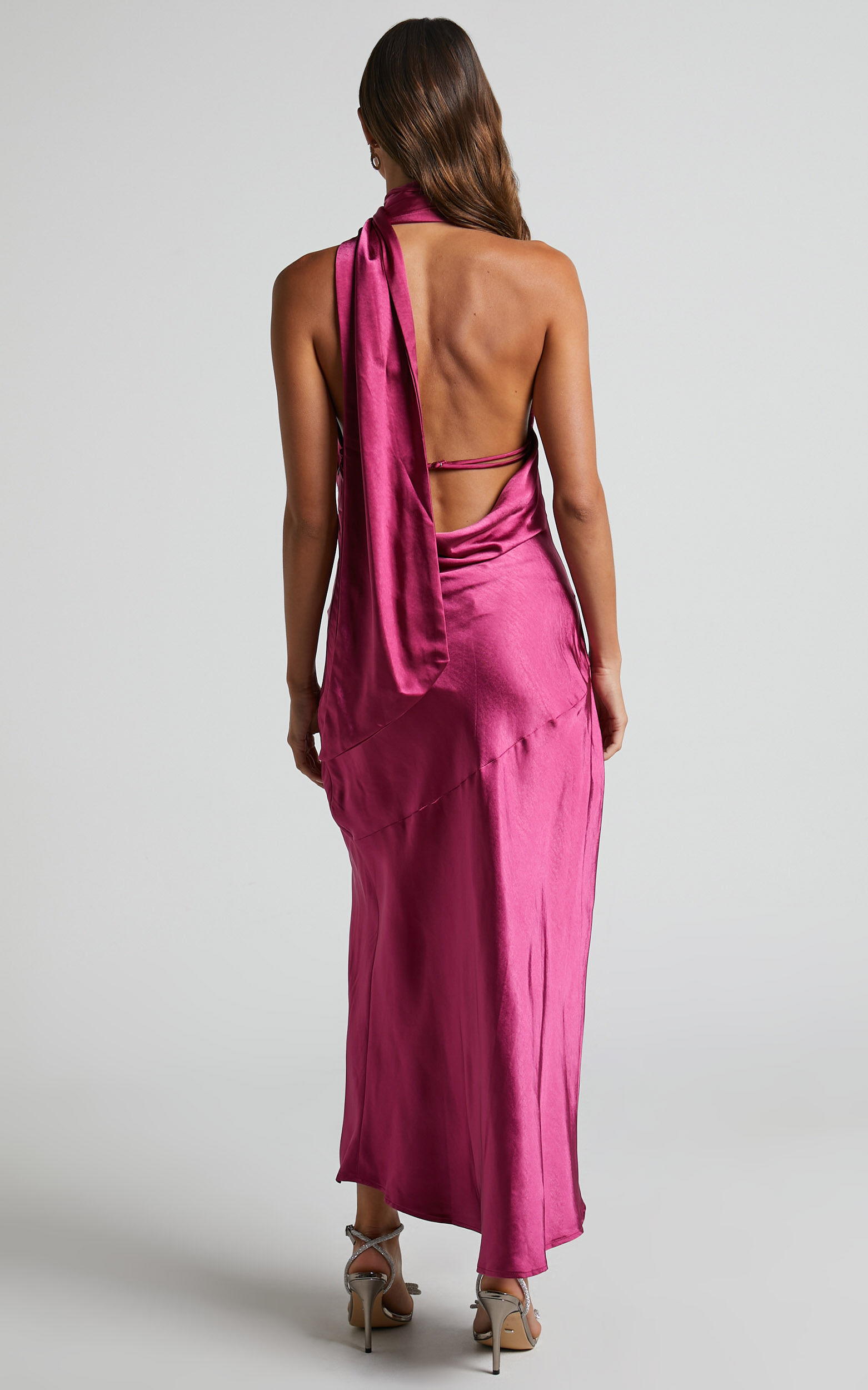 Evana Midi Dress - High Asymmetrical Neck Satin Slip Dress in FUSCHIA