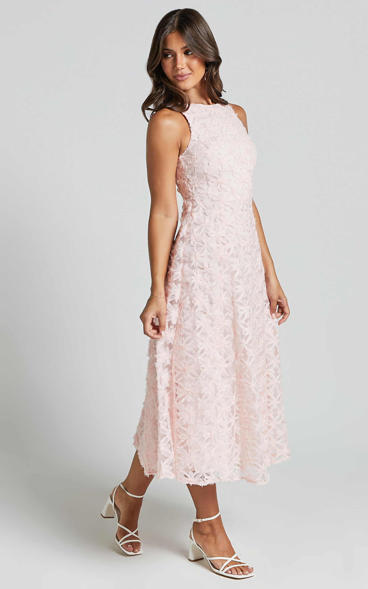 Georgina Midi Dress - Crew Neck Sleeveless A Line Dress in Blush Pink