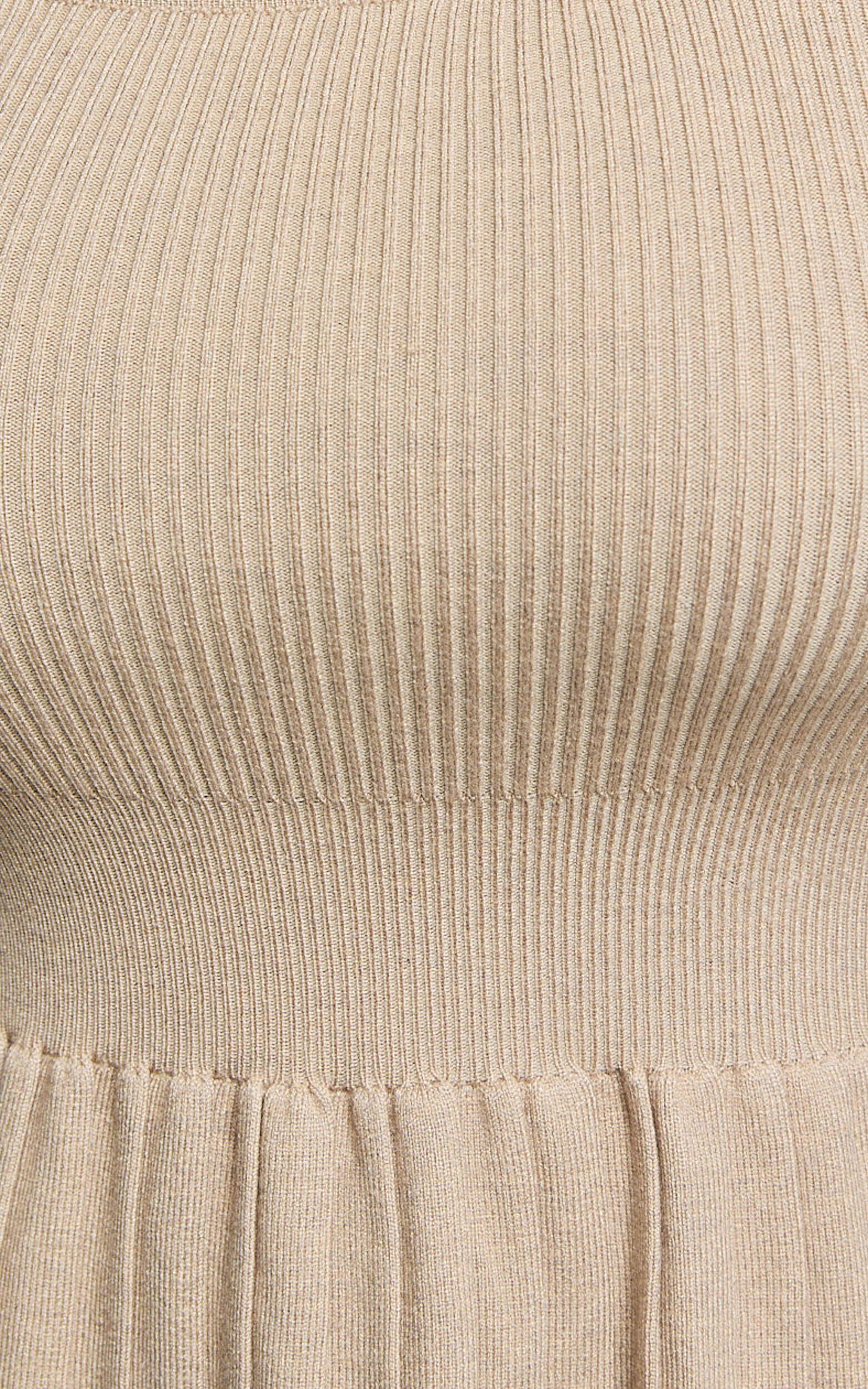 Andi Mini Dress - Long Sleeve A Line Pleated Knit Mini Dress in Beige