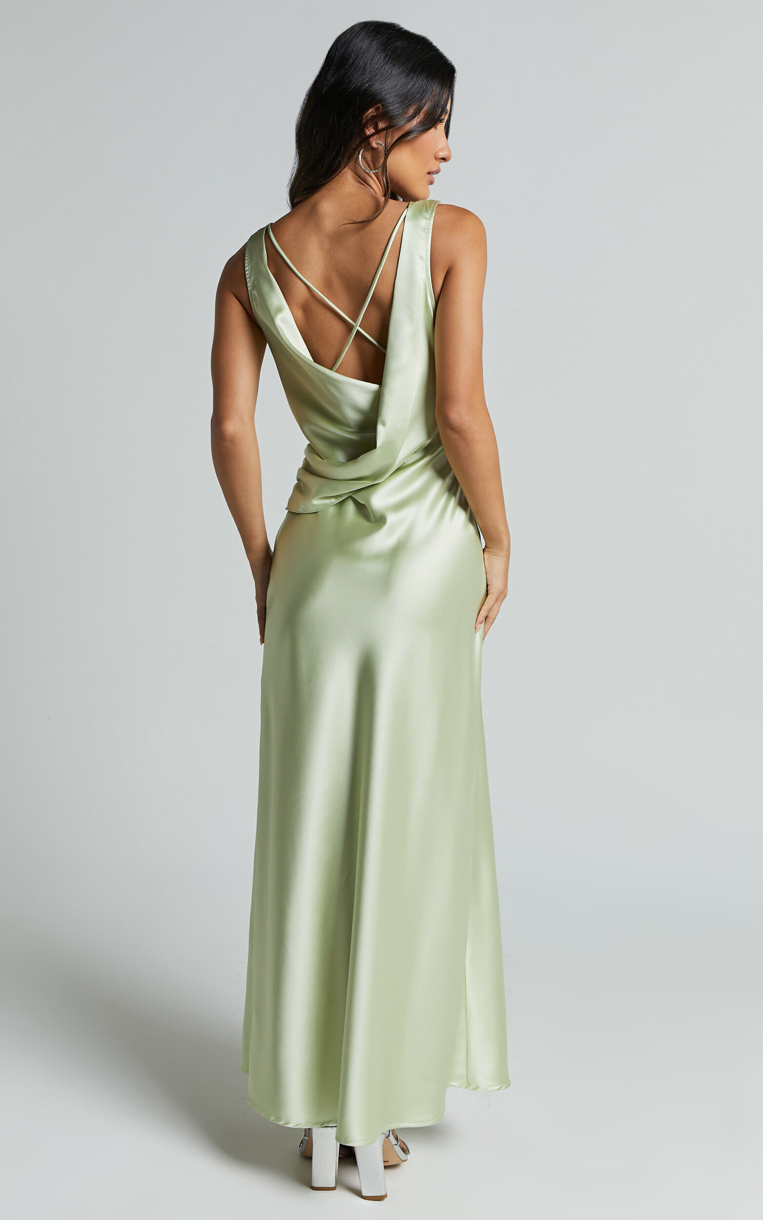 Bettina Midi Dress- Deep V Cross Back Satin Dress in Apple Green
