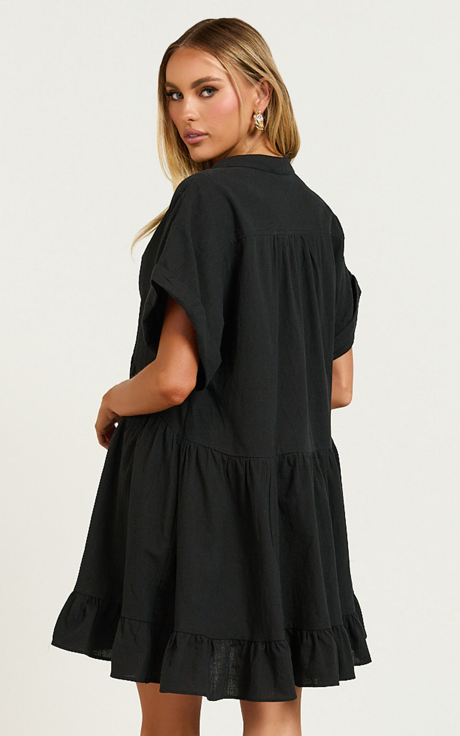 Calissa Mini Dress - Frill Hem Smock Dress in Black