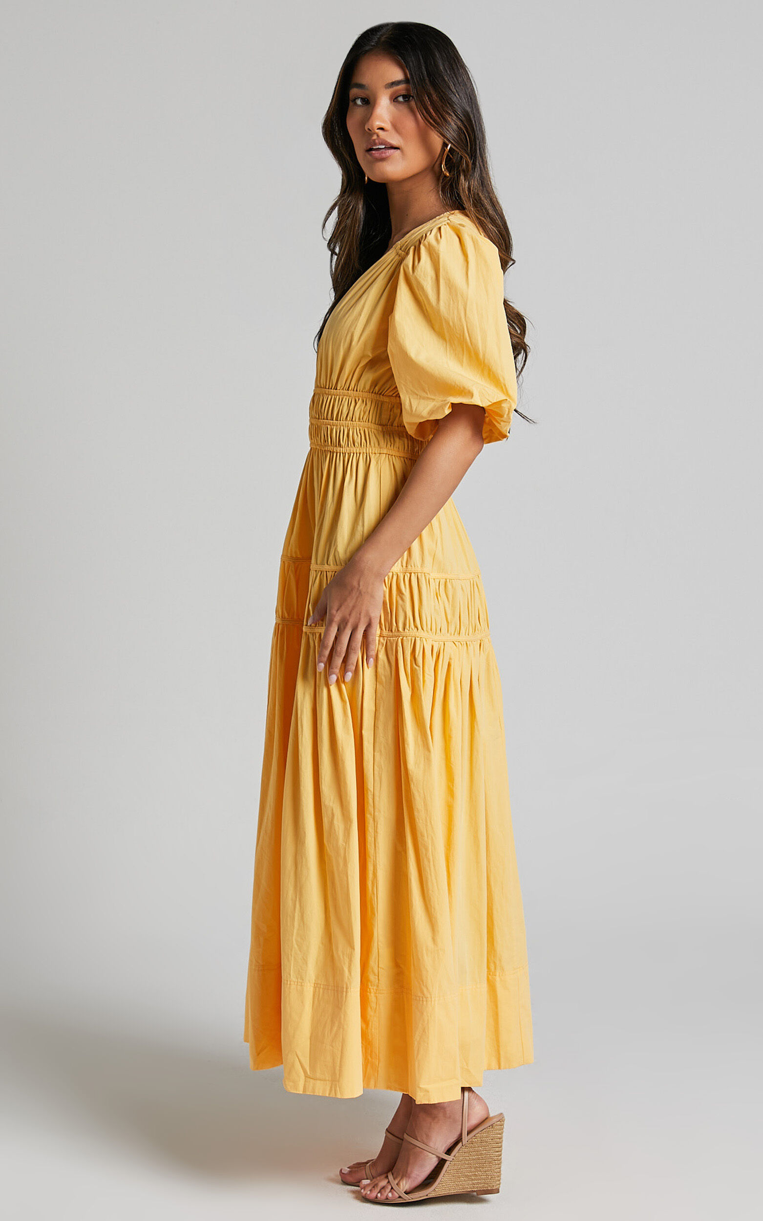 Mellie Midi Dress - Puff Sleeve Plunge Tiered Dress in Pineapple