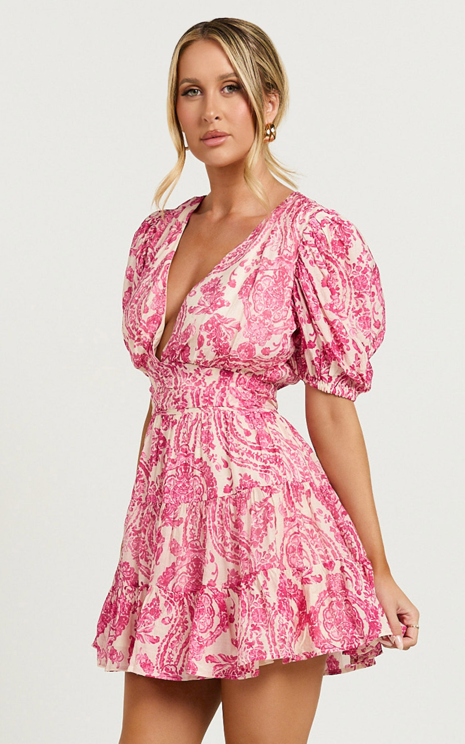 Adea Mini Dress - Plunge Puff Sleeve Tiered Dress in Pink Floral