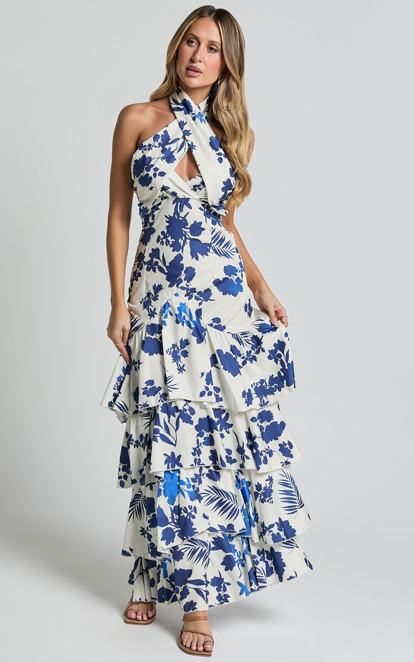 Talia Maxi Dress - Halter Neck Layered Dress in Blue and White Print