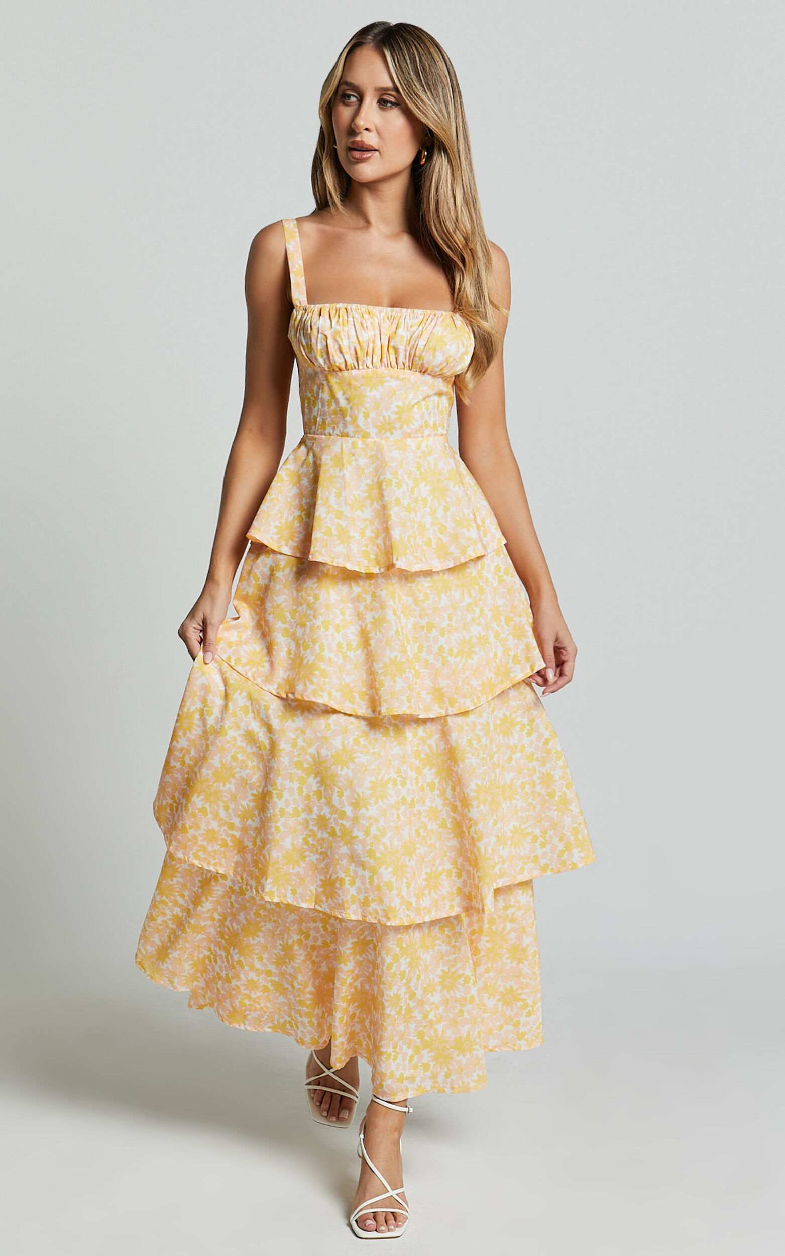 Lorma Midi Dress - Ruched Layered Dress in Orange Floral