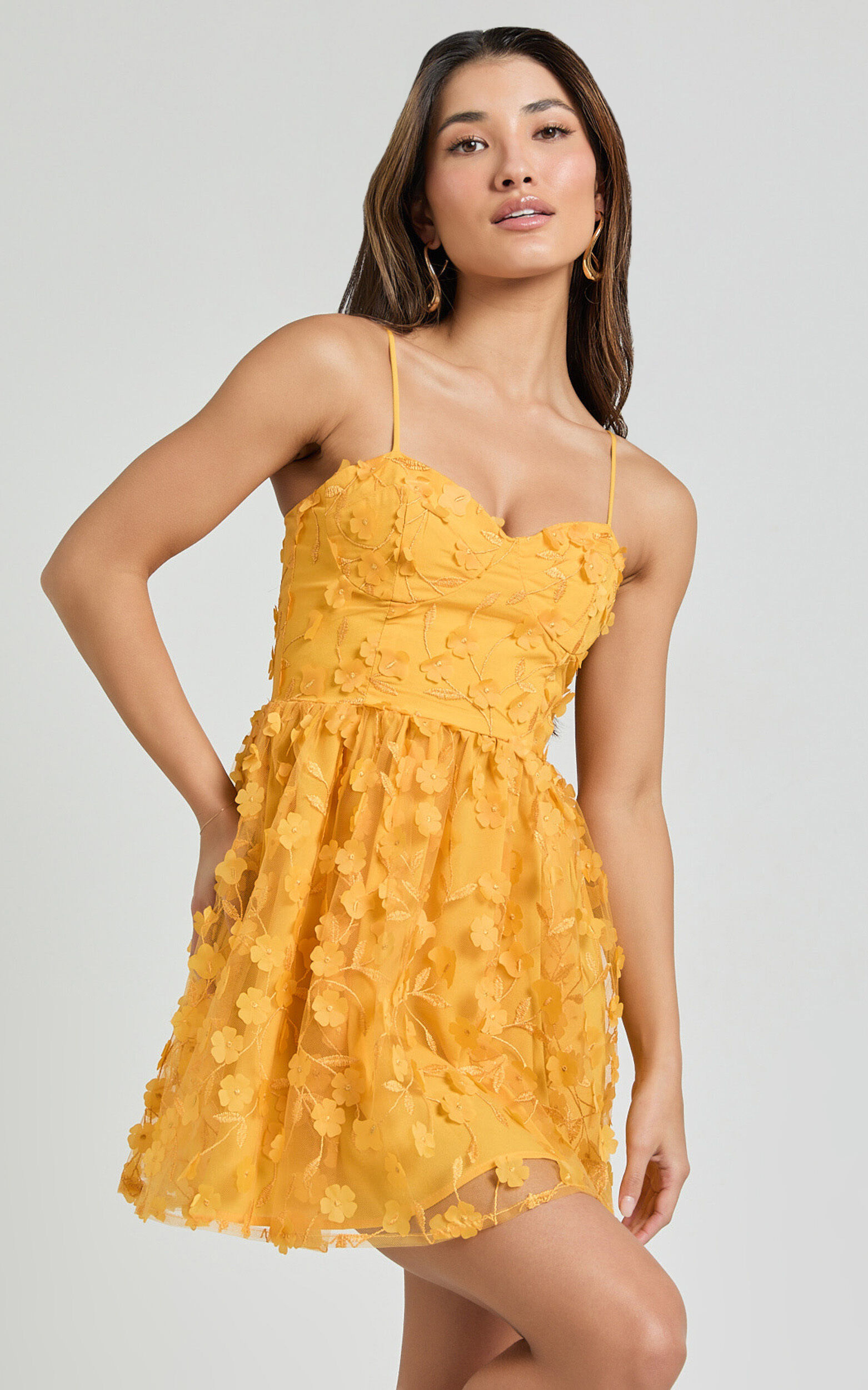 Prague Mini Dress - Strappy Embroidered Tulle Bustier Dress in Marigold