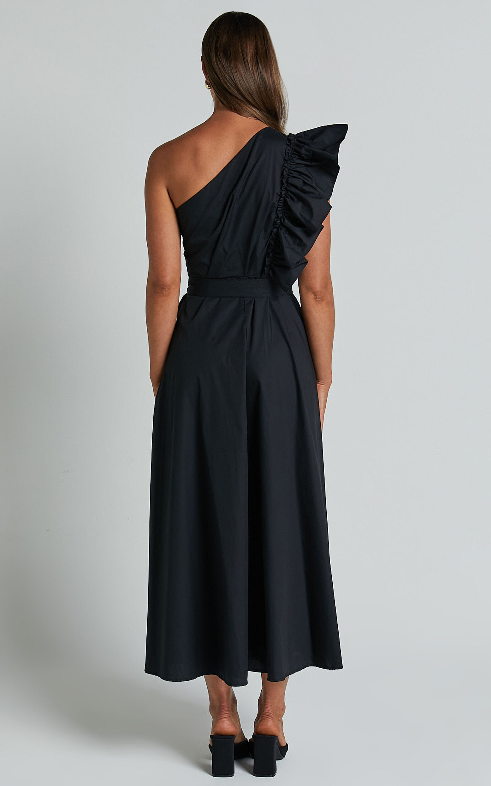 Almeida Midi Dress - One Shoulder Ruffle Detail Belted Dress in Black