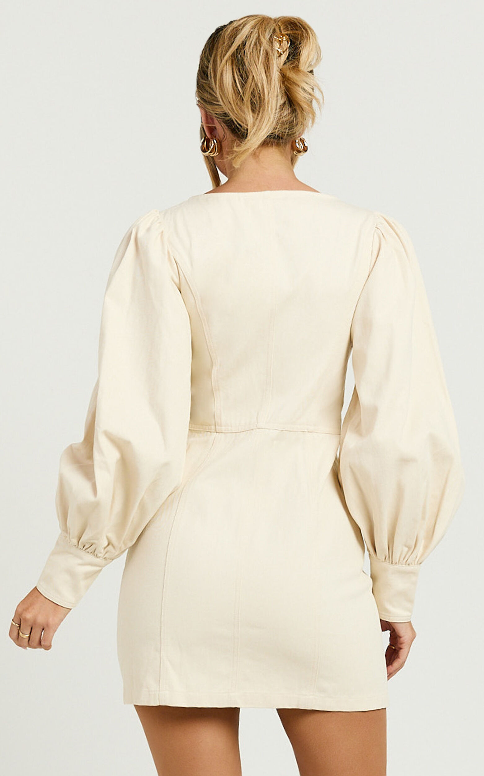 Desiree Mini Dress - Long Sleeve Zip Front Dress in Natural